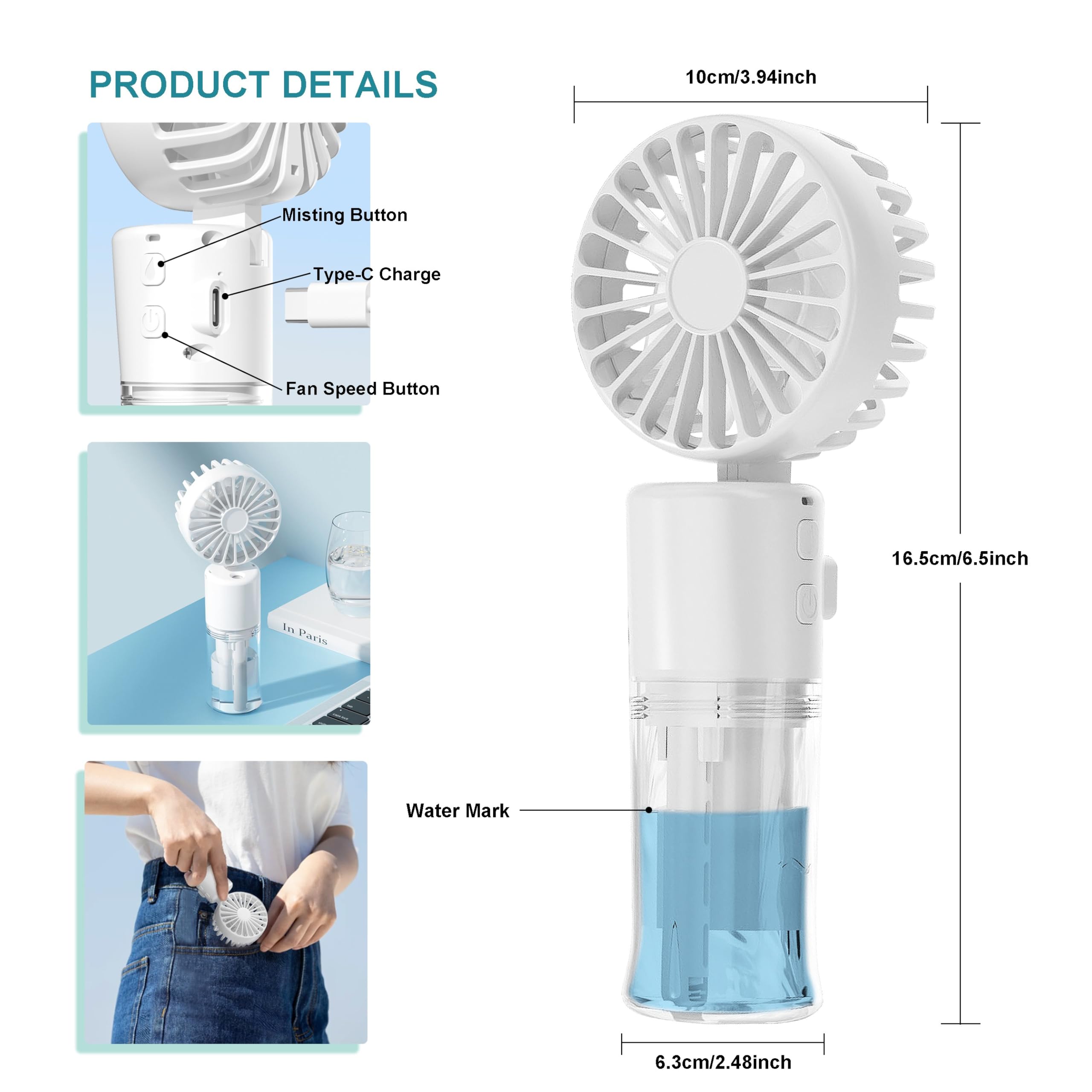 Handheld Misting Fan, Multi-Purpose For Portable Mini Mister Neck Fan, 1500Mah Desk Fan, 4 Speed