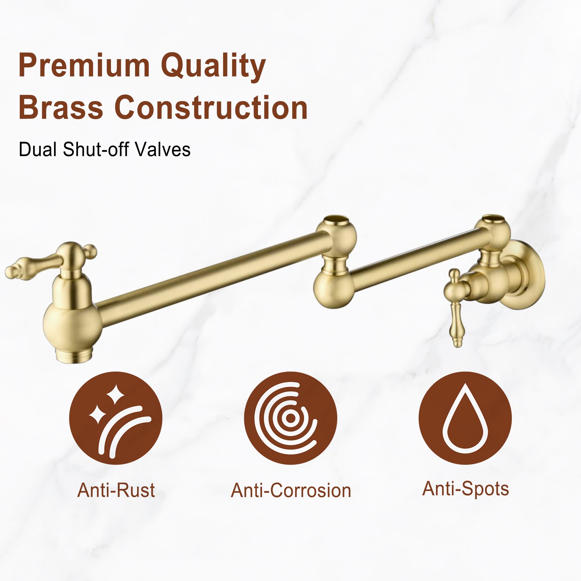 Mondawe Brushed Gold Pot Filler Faucet, Brass Wall Mount Stove Faucet, Double Handle Folding Pasta Faucet Over Stove, Kitchen Pot Faucet With Double Joint Swing Arms, 1.8 Gpm, 360°Rotation