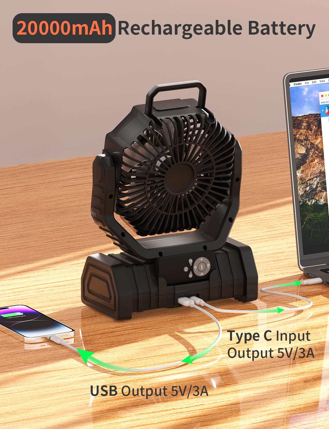 Rechargeable battery-powered fan with LED light, perfect for camping, tents, and outdoor cooling needs