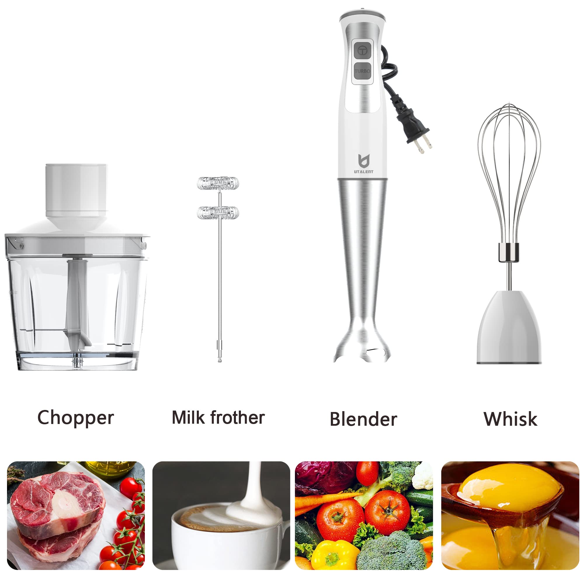 Utalent Immersion Hand Blender, 5-In-1 8-Speed Immersion Blender With 500Ml Food Grinder, 600Ml Container,Milk Frother,Egg Whisk,Puree Infant Food, Smoothies, Sauces And Soups White