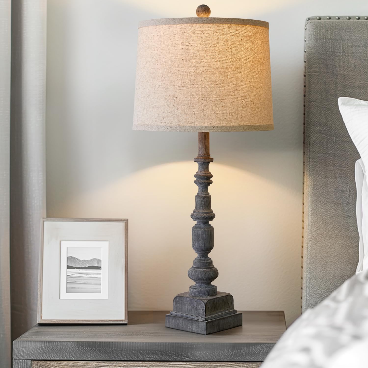 Oneach 27.75" Single Table Lamp For Living Room, Farmhouse Bedside Lamps With Dual Usb Port For Bedroom Kids Room Dorm Office, Rustic Lamps For End Table Nigntstand Resin