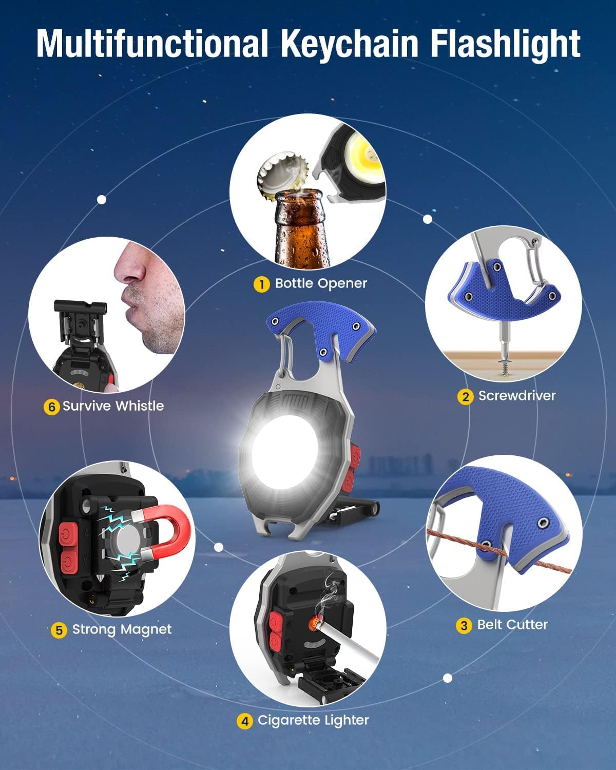 Hgnn Keychain Work Light, 7 Modes Mini Rechargeable Torch, Ipx5, 800 Lumens Cob Keychain Flashlight, Multifunctional Portable Light With Whistle For Outdoor Camping Emergency Lighting