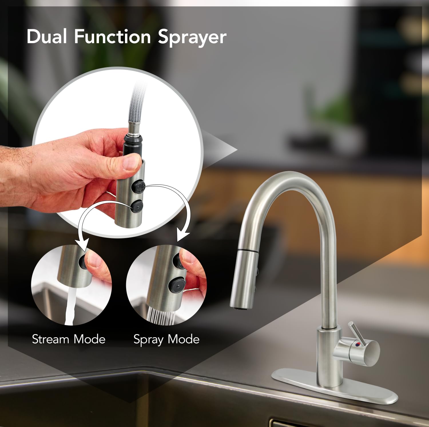 Highcraft Kitchen Faucet With Pull Down Sprayer, High Arc Kitchen Sink Faucet Single Handle For 1 Hole Or 3 Hole, Single Hole Faucet Integrated Supply Lines Included (Stainless Steel)