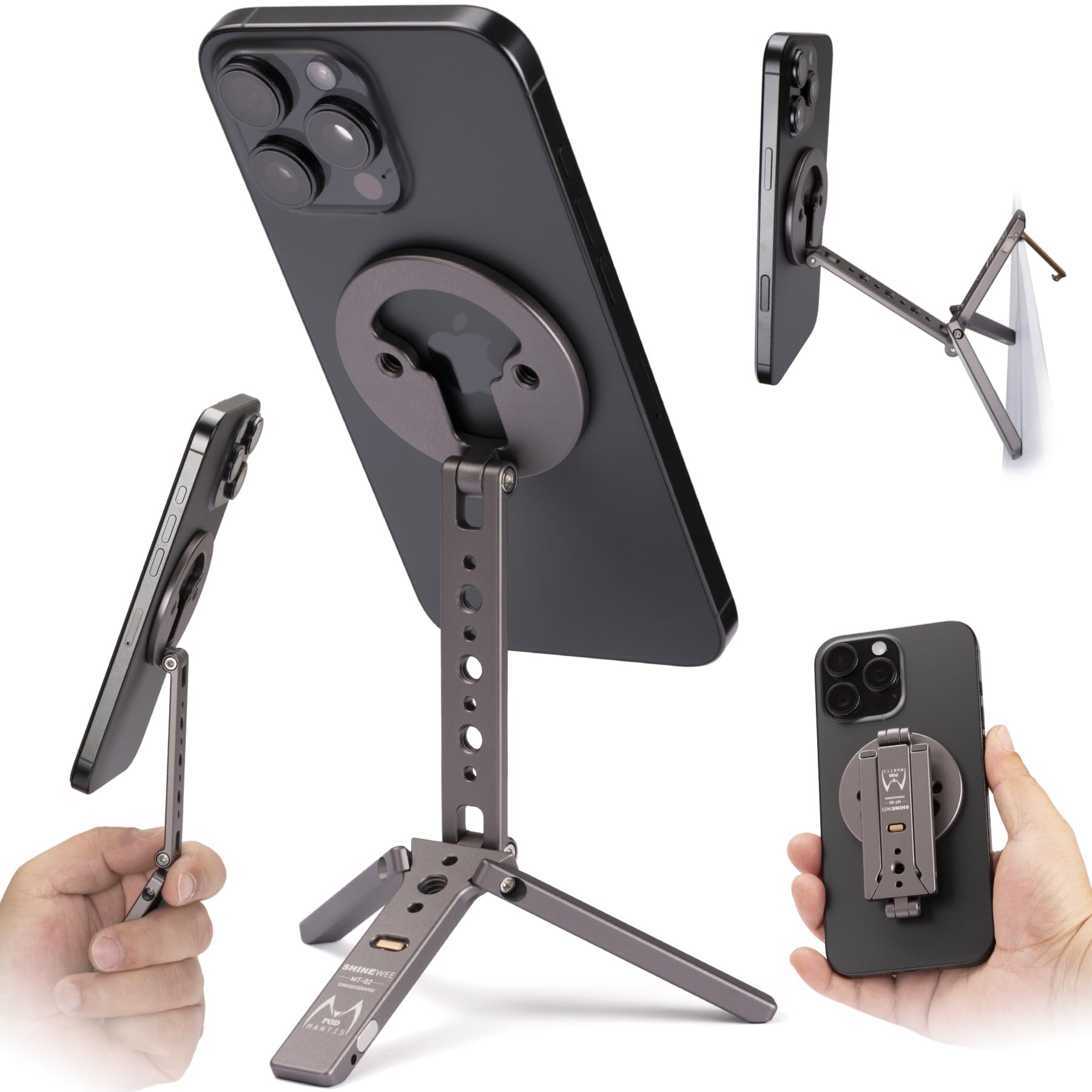 Shiee Magnetic Tripod For Iphone 12/13/14/15/16 & Magsafe Cases Handy Phone Stand 20 N52 Magnets Inside, Cold Shoe Mount, 1/4" Screw & Foldable Hook
