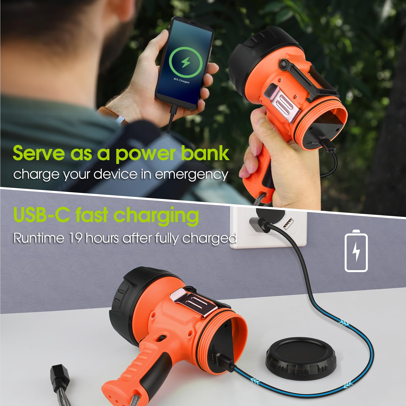 Wenfeng Rechargeable Spotlight Flashlight With 1000,000 Lumen Led, Ip65 Waterproof Searchlight Handheld Work Light With Foldable Stand And Red Lens- Orange