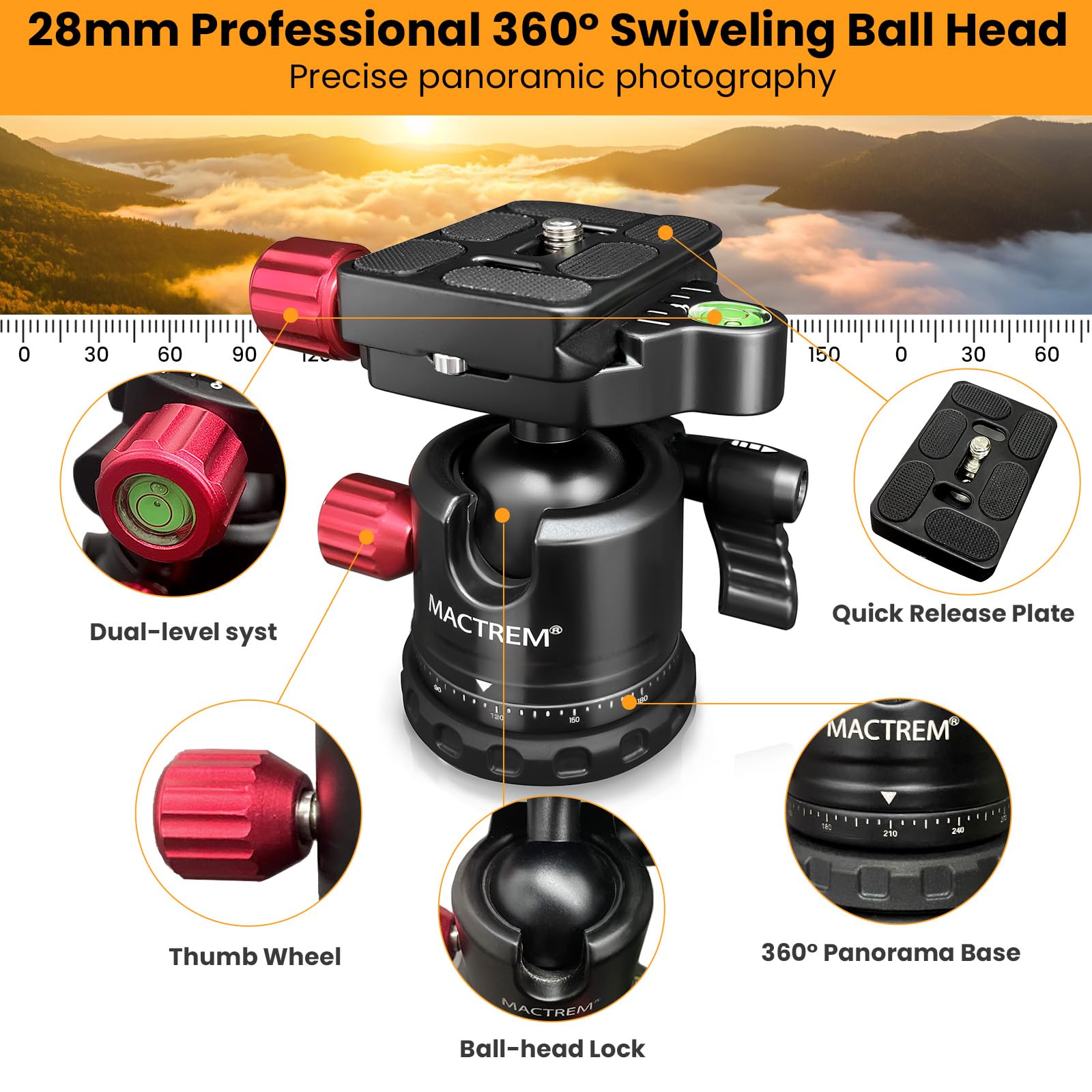 Mactrem Camera Tripod, 67 Inch/170Cm Travel Tripod & Monopod With 360°Ball Head, Heavy Duty Tripod For Smartphone Ipad Canon Nikon Sony Binoculars
