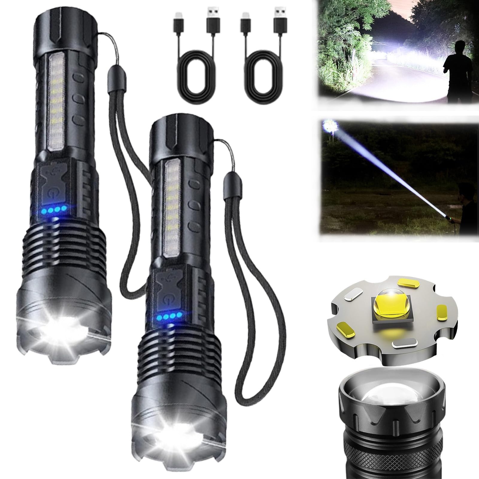 Bibifactory Benighty Flash Light, Flashlight High Lumens Rechargeable 2 Pack, Adjustable Lumen Super Bright Led Flashlights, Usb Ipx4 Waterproof Handheld Flashlights For Home Hiking Camping (1500 Mah,2Pcs)