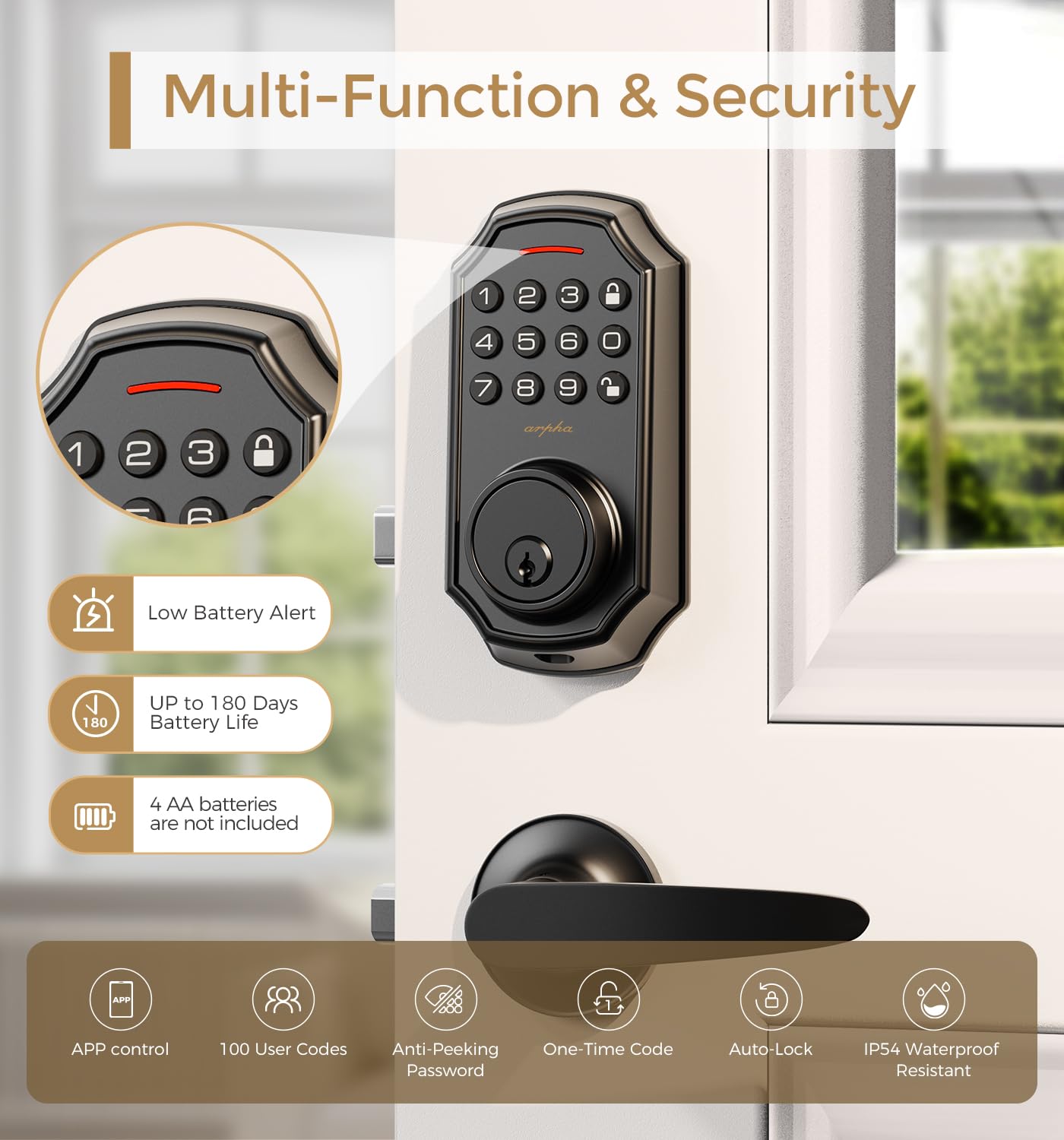 Arpha Smart Door Lock With Keypad & Bluetooth - Keyless Entry Handle Set, App Control, Auto Lock, Anti-Peep Code, 100 User Codes - Fits Us Standard Doors