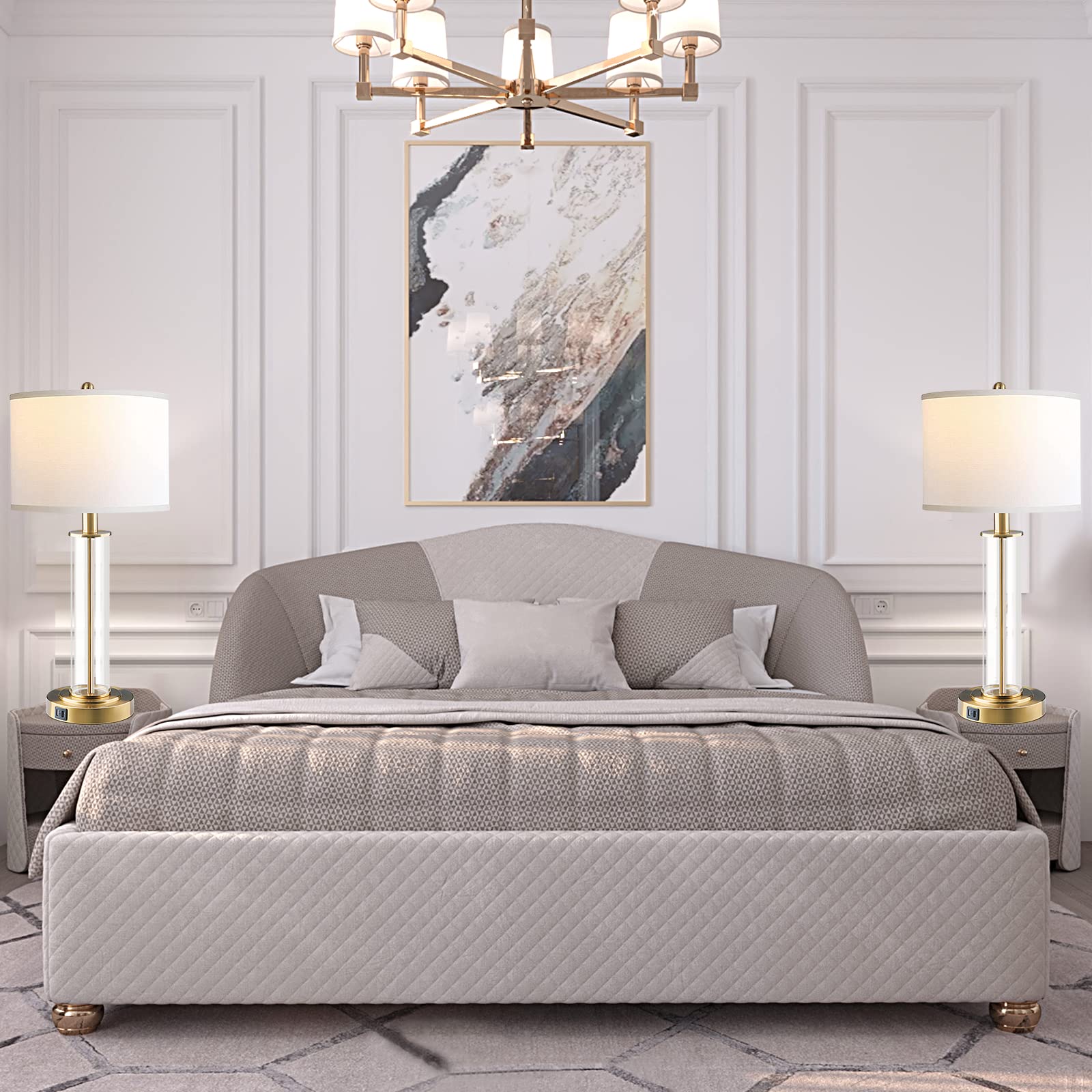 Bdrofn Table Lamps For Living Room,Touch Control Gold Lamps For Bedrooms Set Of 2,Modern Bedside Table Lamp With Dual Usb Ports,Tall Nightstand Lamp With Whites Lampshades (2 Bulbs Included)