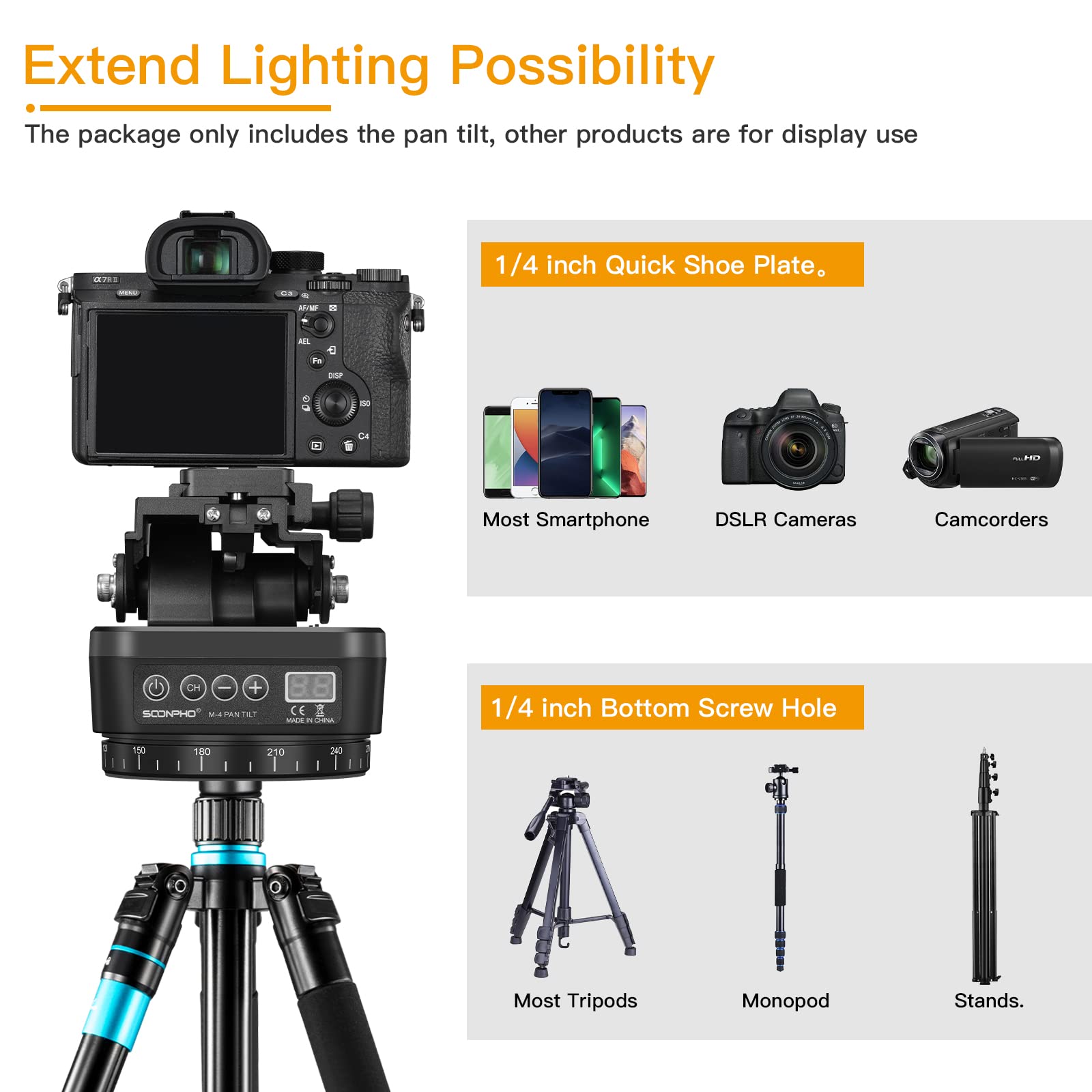 Soonpho M4 Motorized Rotating Panoramic Tripod Head, Remote Control Pan Tilt Head With Remote Control And Mobile Phone Clip For Dslr Cameras, Camcorders, Smartphones, Tripod