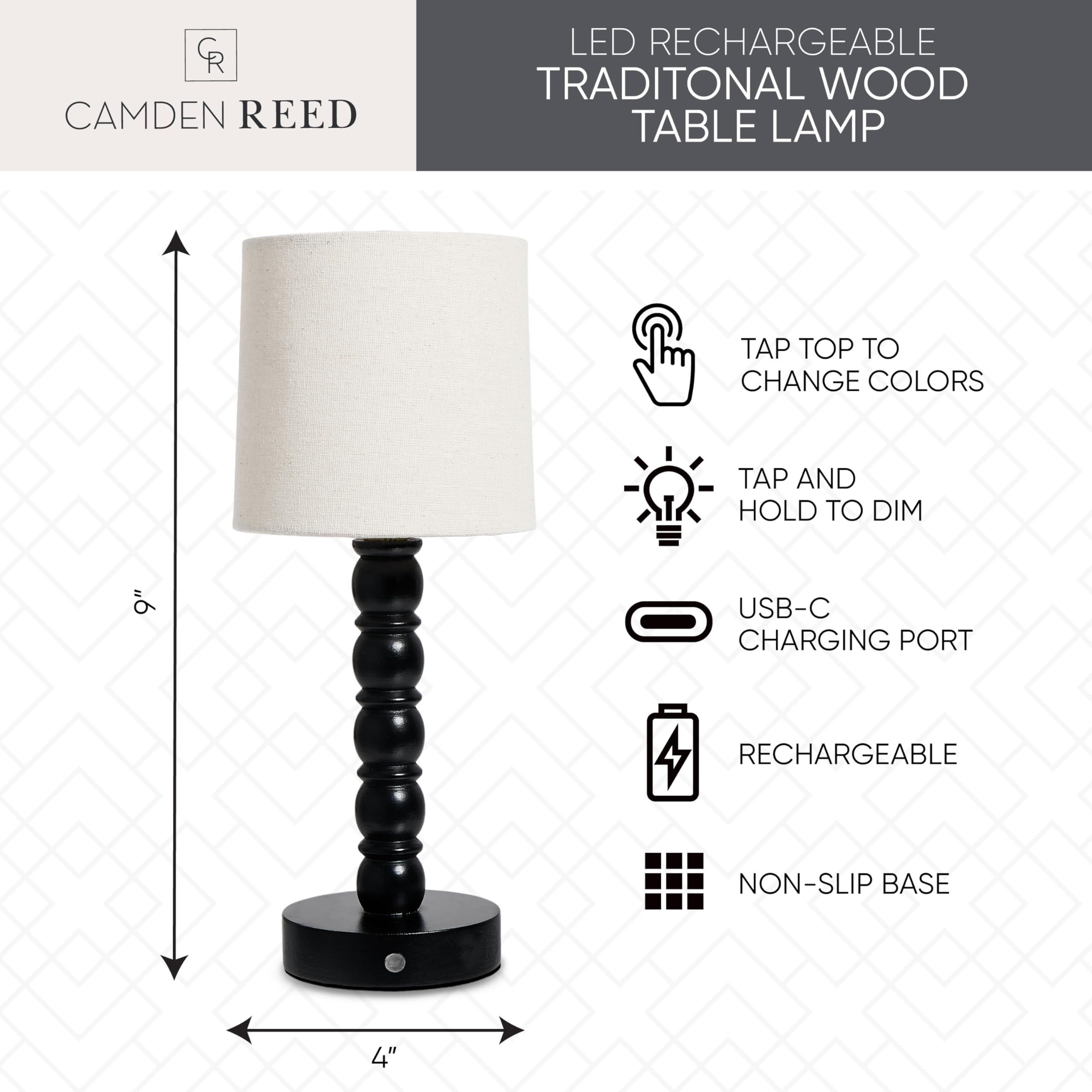 Camden Reed Traditional Wood Lamp - Gloss Finish, Elegant Lighting For Home Décor, Black