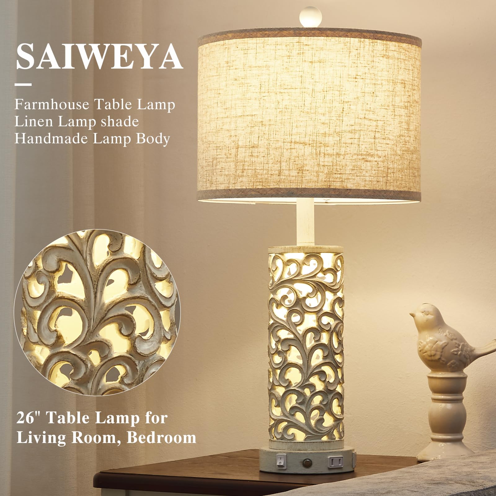 Saiweya 26" Farmhouse Table Lamp - 2 Usb A+C 3-Way Dimmable Touch Lamps With Nightlight For Living Room Bedroom Lamp Bedside Nightstand Lamps (Bulb Included)