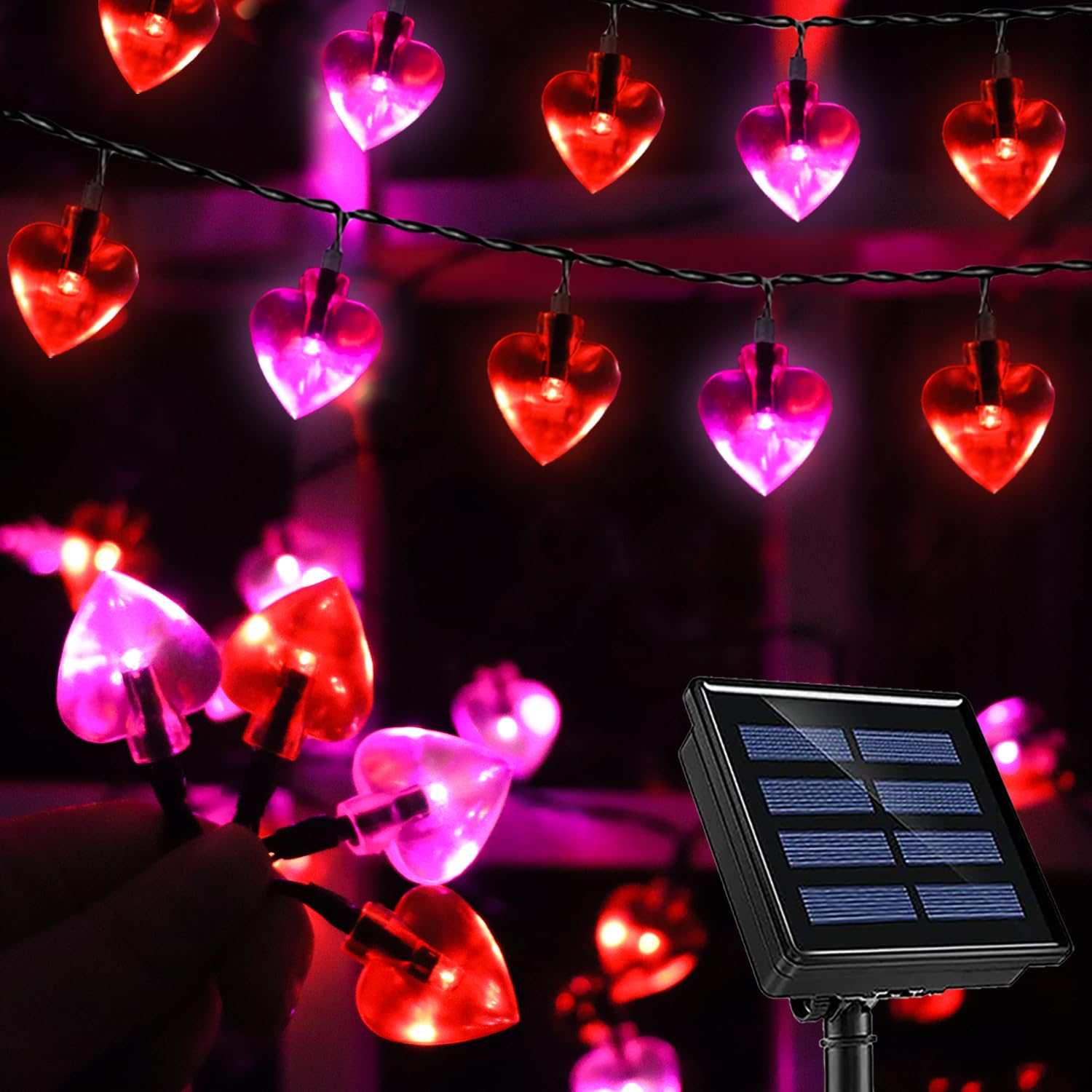 Hugsvik 50Led Solar Heart String Lights, 8 Modes Red Pink Heart Lights For Outdoor Garden Yard Balcony Decor