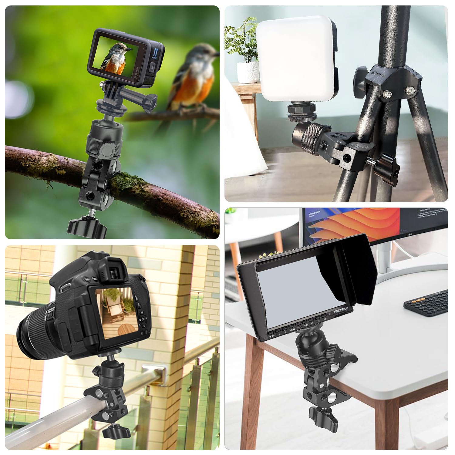 Jinsui Super Clamp Camera Mount With 360° Ball Head, Action Camera Adapter, 1/4"-3/8" Thread, 6.6 Lb/3 Kg Load-Bearing Motorcycle Bike Bicycle Pole Tube Tripod Desk Camera Mount For Light Insta360 Dslr
