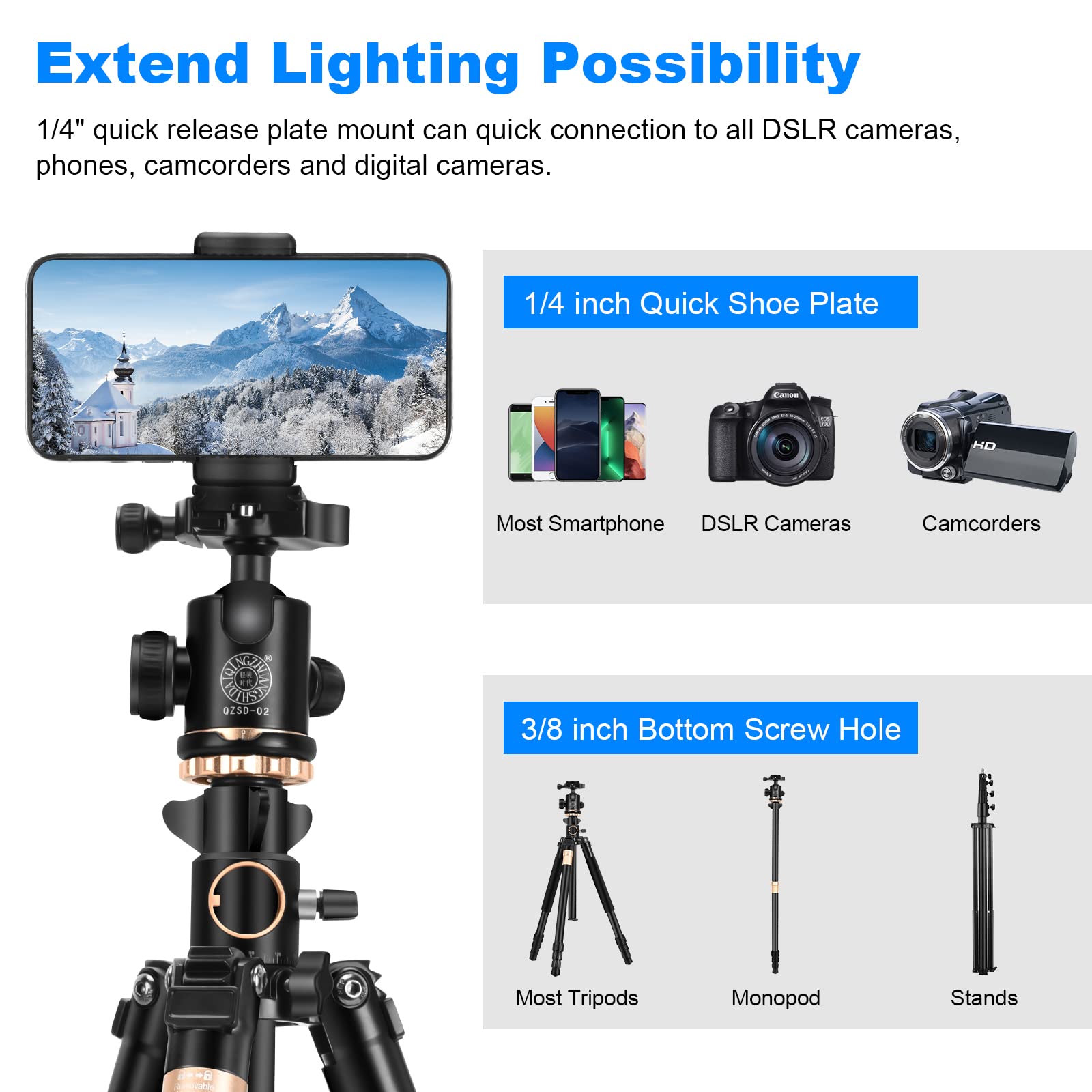 Soonpho Q992H 70Inch Professional Camera Tripod,3-In-1 Aluminum Alloy Tripod & Horizontal Tripods & Detachable Monopod With 360 Degree Ball Head For Dslr Cameras, Load Up To 17 Pounds