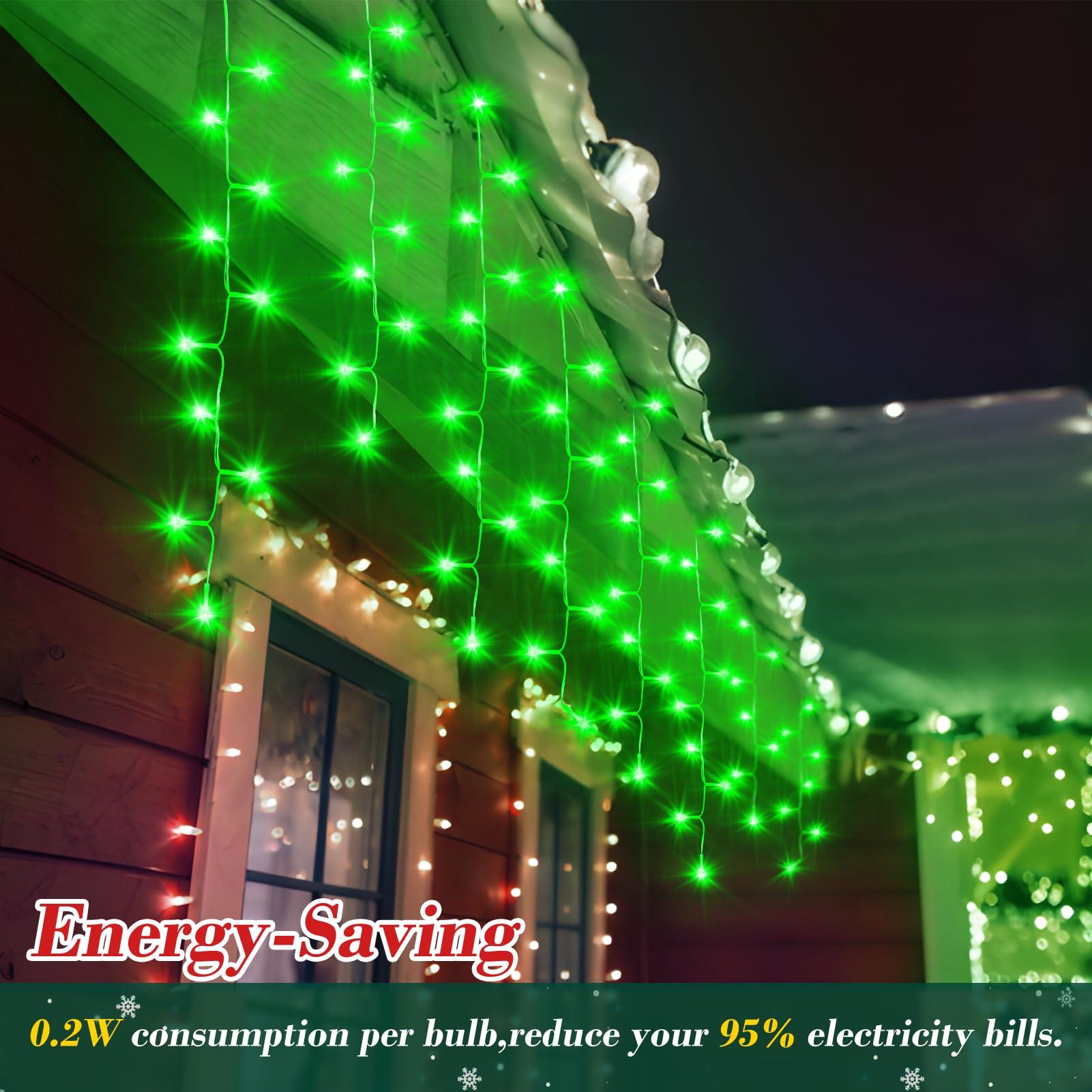 Xurisen 66Ft Christmas Lights Decorations Outdoor, 640 Led 8 Modes Curtain Fairy Lights With 120 Drops,Plug In Waterproof Timer Memory Function For Christmas Holiday Wedding Party Decor(Green)