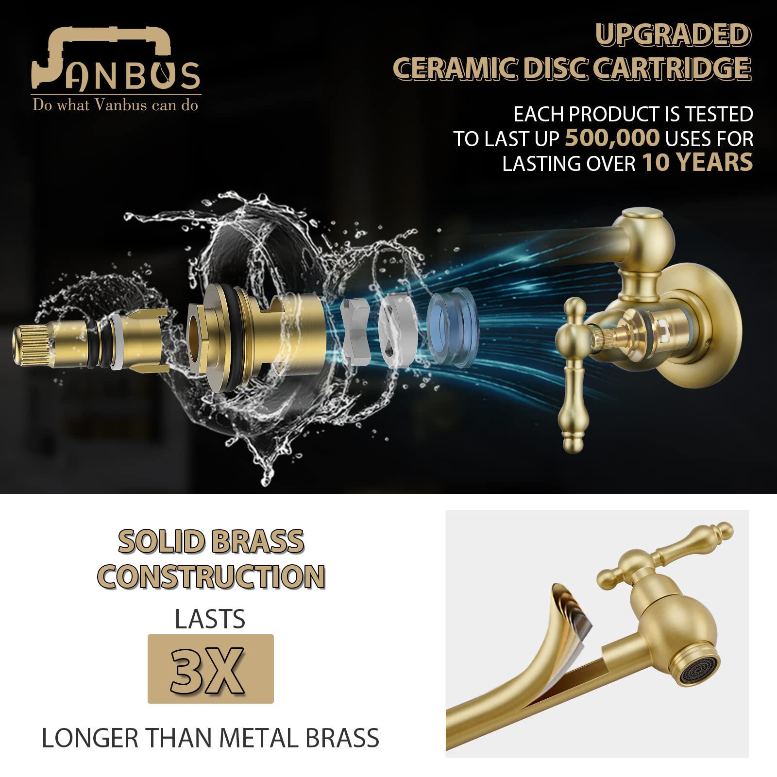 Vanbus Kitchen Pot Filler Faucet, Dual Valve Wall Mount Pot Filler Faucet, Potfiller, Two Handles Strechable Double Joint Swing Arms (Vintage, Brushed Gold)