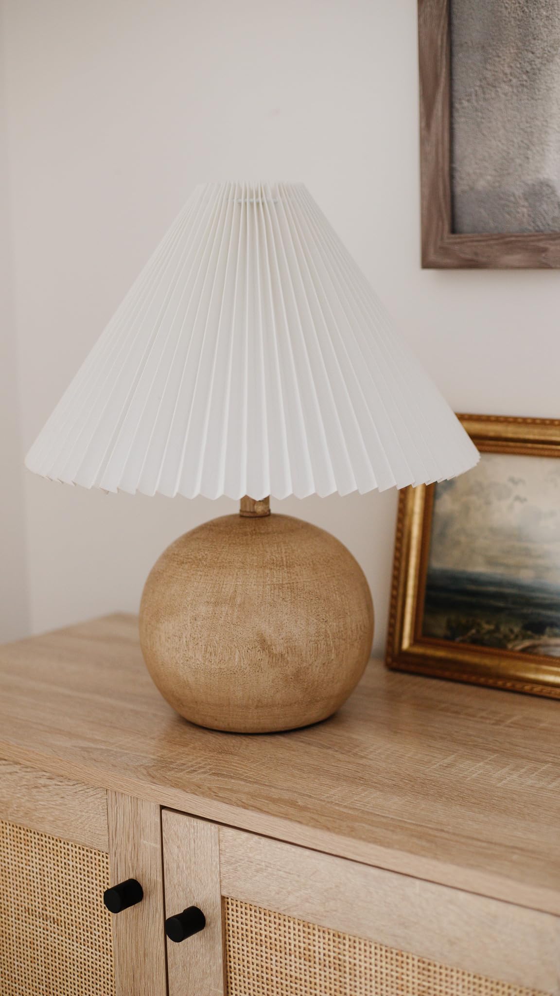 Jonathan Y Jyl1145B Aksel 17.25" Coastal Scandinavian Resin/Iron Sphere Led Table Lamp With Pleated Shade And Pull Chain, Beige Wood Finish/White, For Entry Console, Bedroom, Living Room