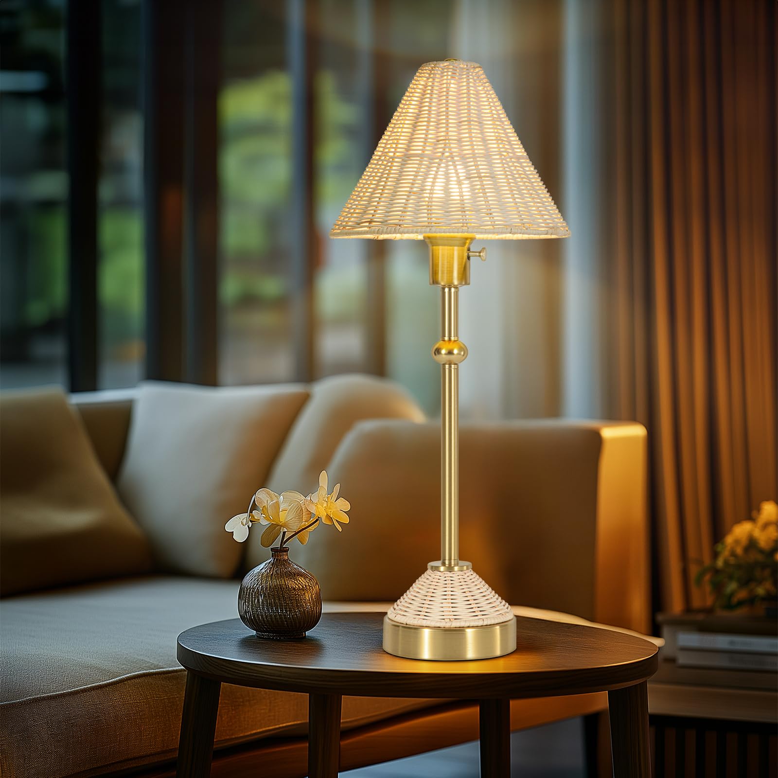Kivditzo 24.5" Rattan Table Lamp For Living Room, Rustic Gold Table Lamp With Lvory White Rattan Shade For Nightstand, Rotary Switch Bedside Lamp, Farmhouse Lamp For Reading Bedroom Office(Bulb Included)