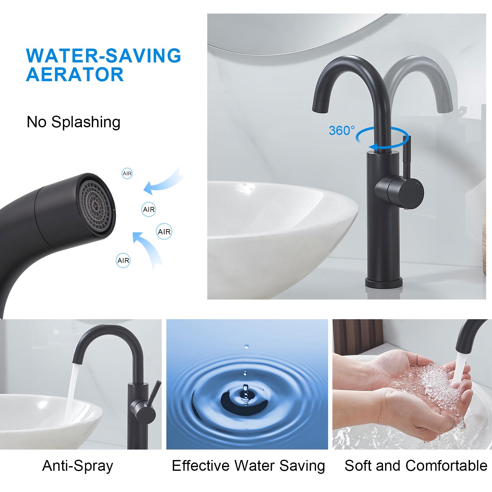 Bwe Matte Black Bathroom Bar Faucet High Arc Vessel Sink Faucet With 360° Swivel Spout Single Hole Commercial Faucet For Bathroom Or Mini Kitchen Sink Stainless Steel Modern Wet Bar Faucets