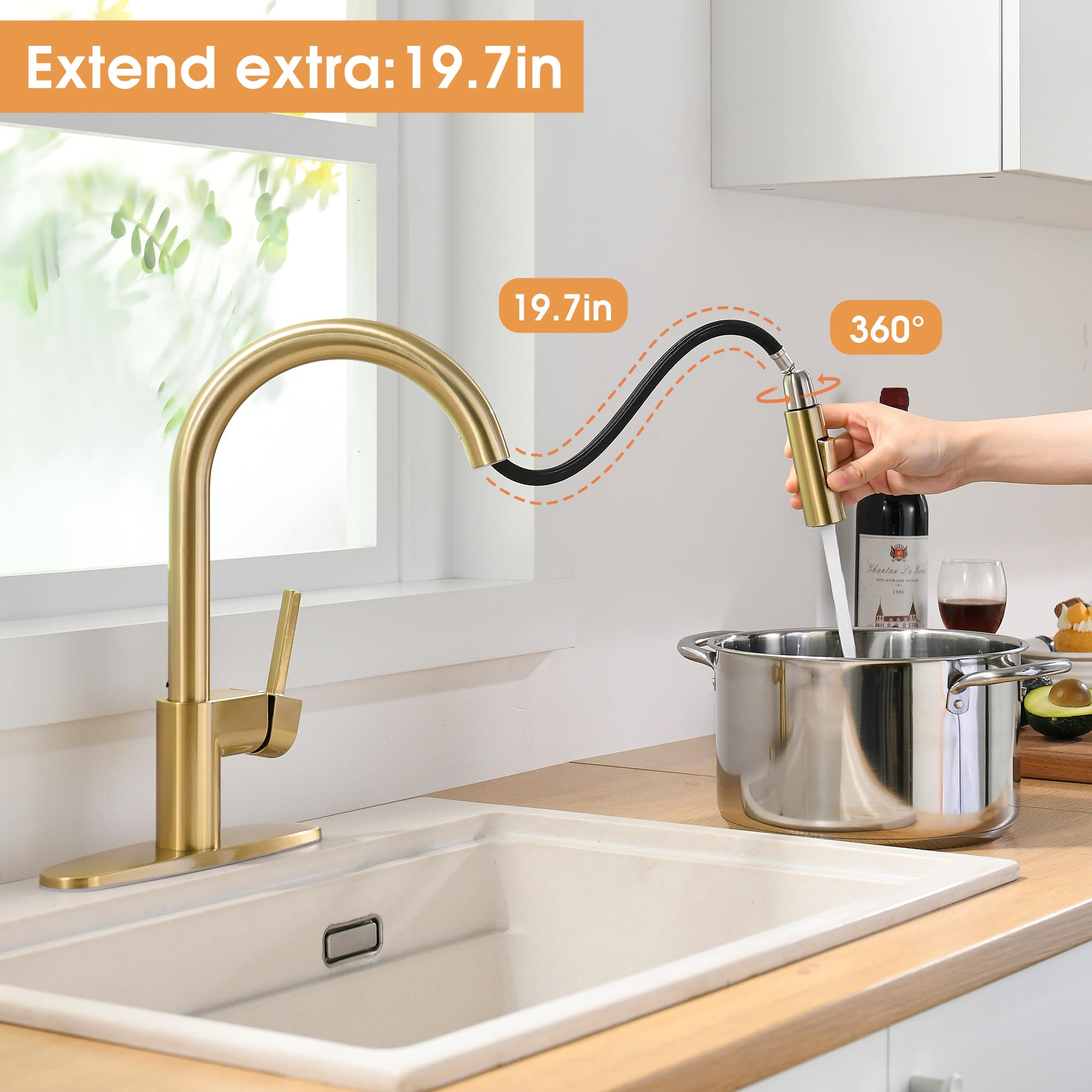 Fropo Gold Kitchen Faucet With Pull Down Sprayer - Modern Single Handle Pull Down Kitchen Sink Faucet With Deck Plate  Stainless Steel Brass Kitchen Faucet For 1 & 3 Hole Brushed Gold