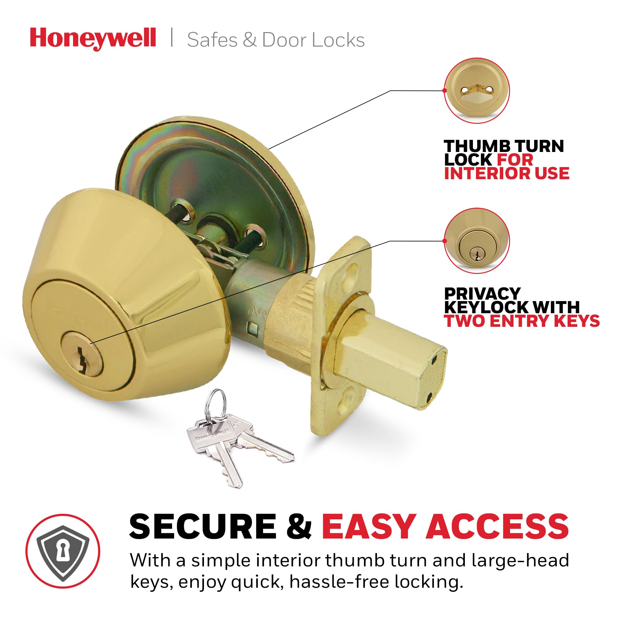 Honeywell Safes & Door Locks - Single Cylinder Front Door Deadbolt Lock Set - Anti-Bump Resistant Dead Bolt Lock For Exterior Doors With 2 Entry Keys - Polished Brass - 3 X 5 X 8.5 In - 8111009