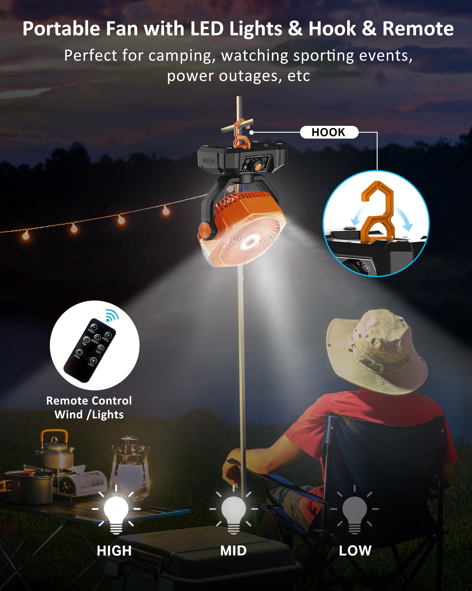 Rechargeable Portable Fan, Battery Powered Fan, Large, Orange, Hy-8136W