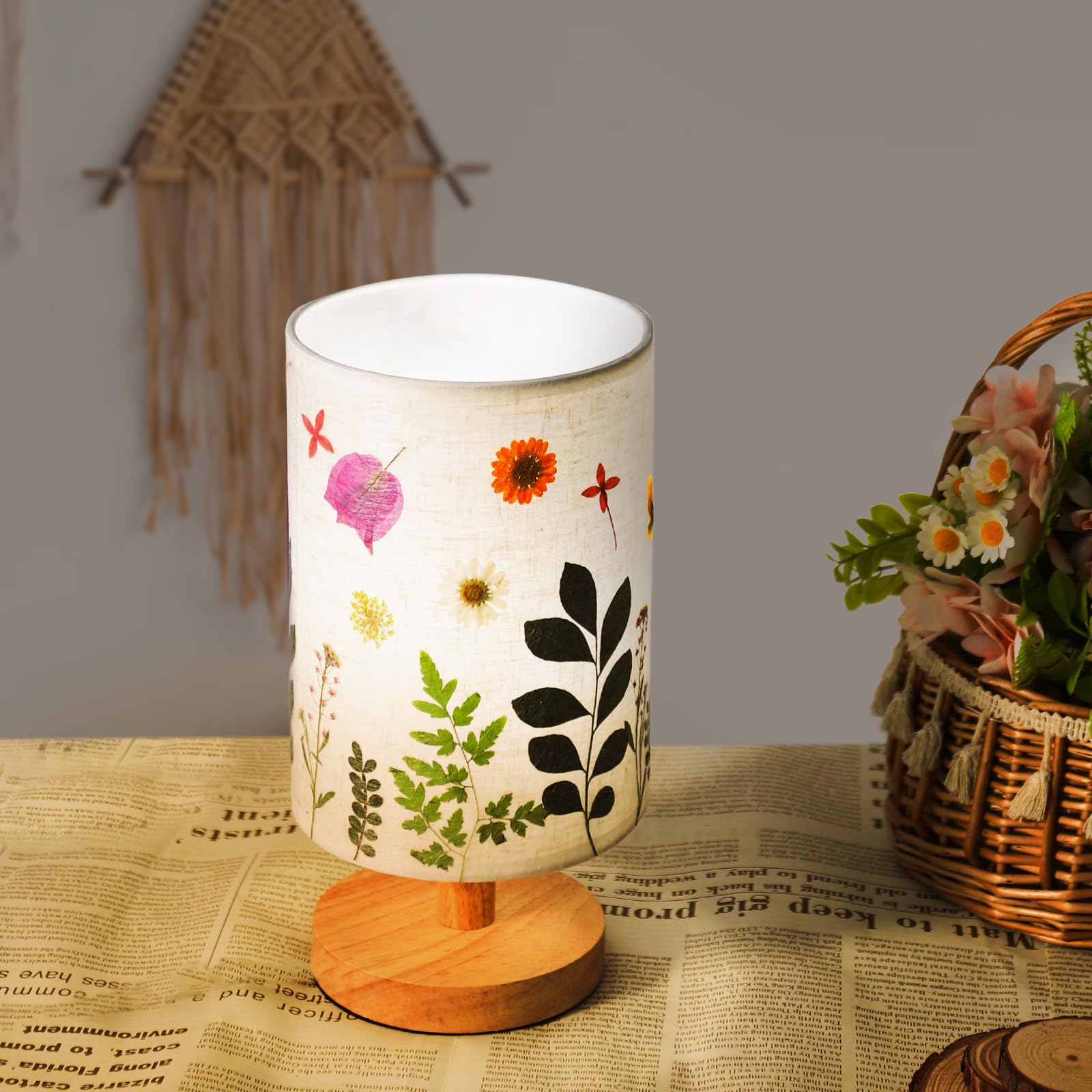 Floresita Pressed Flowers Table Lamp 5W Led 3Color Temperatures Dried Flower Bedside Lamp Linen Shade With Wood Base For Bedroom Living Room Desk Office