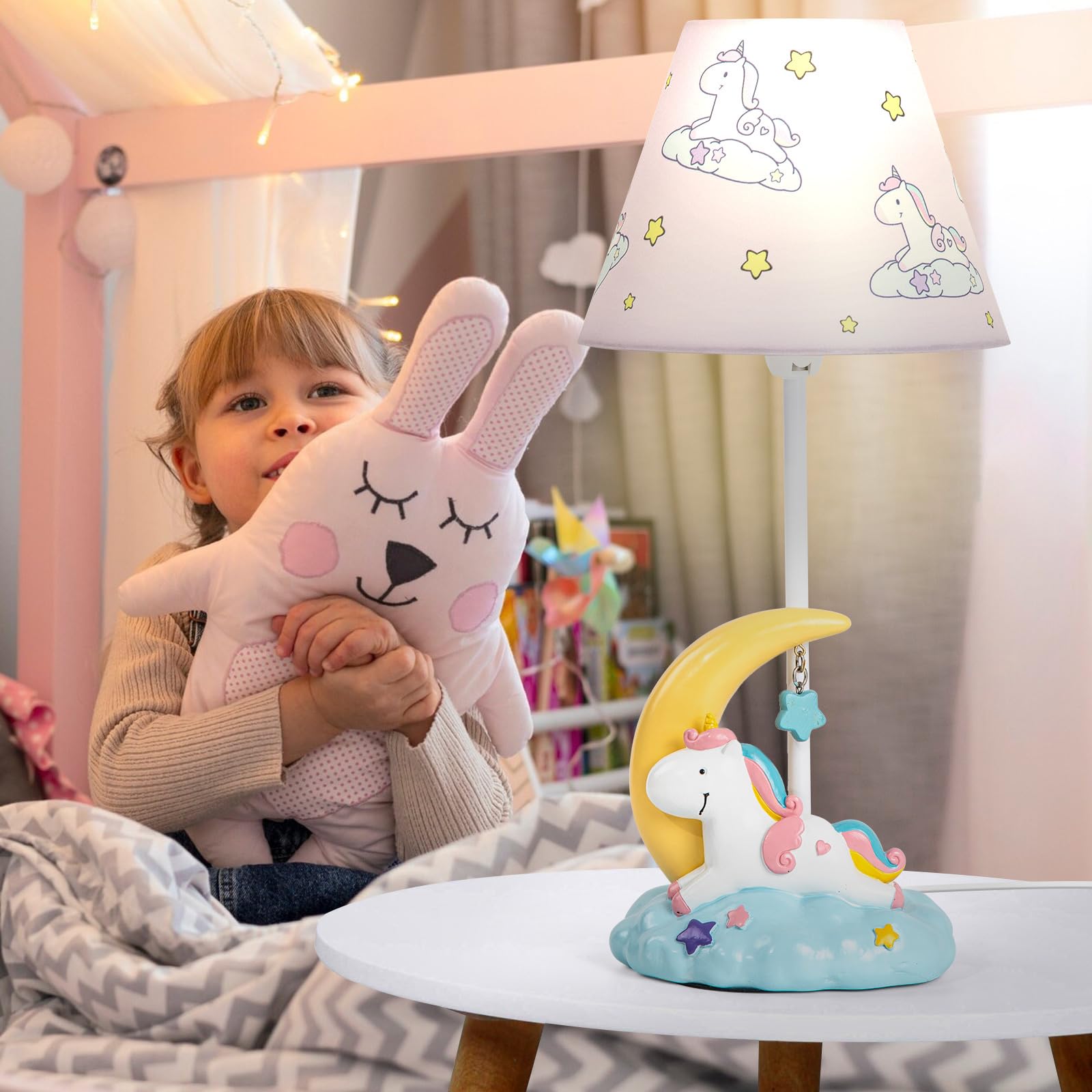 Herbestbay Kids Table Lamp, Adorable Moon Unicorn Style Desk Lamp, 16 Inch Pink Bedside Lamp Ideal For Girls Bedroom Decor, Includes Led Bulb