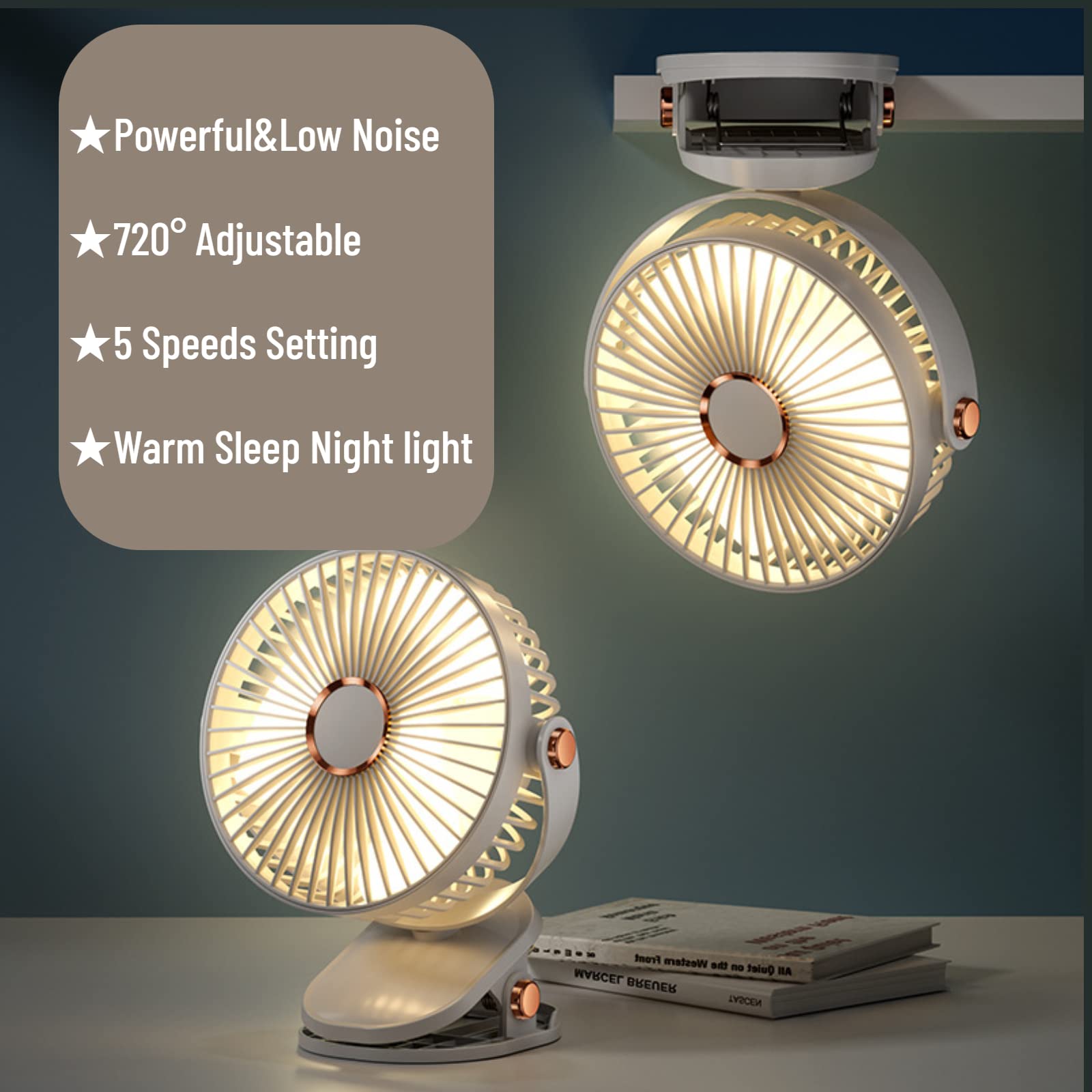 Desk Fan Clip On With Lights Usb Rechargeable 2400Mah 5 Level Speed Air Flow Portable Personal Mini