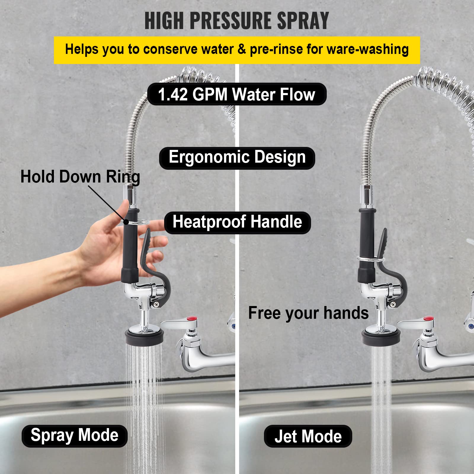 Vevor Commercial Faucet With Pre-Rinse Sprayer, 8" Adjustable Center Wall Mount Kitchen Faucet With 12" Swivel Spout, 25" Height Compartment Sink Faucet For Industrial Restaurant, Lead- Brass