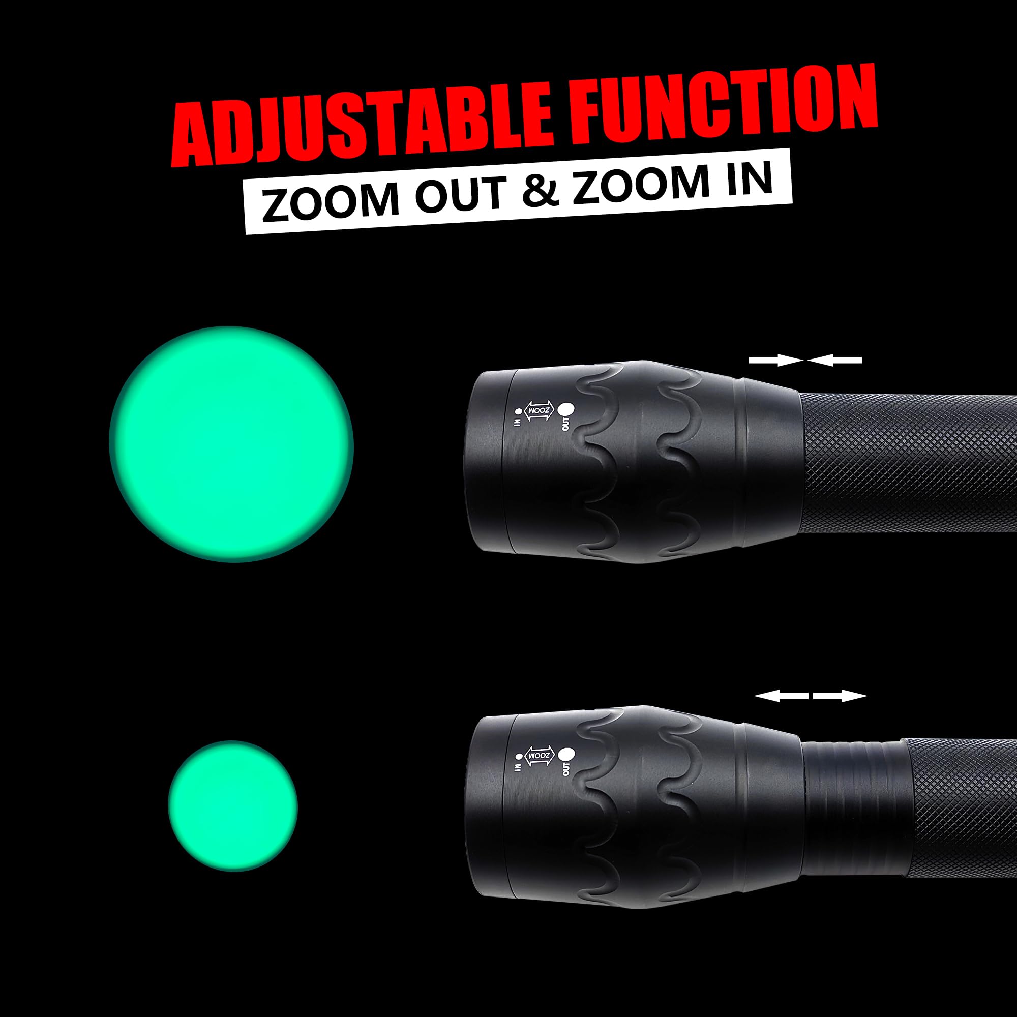Fadomall Green Light Flashlight Single Mode Adjustable Focus Led Torch For Night Hog Hunting, Fishing, Night Observation, 2 Pack