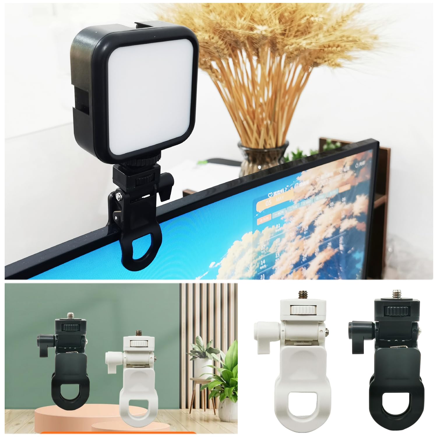 Thtrht 2 Pack Monitor Camera Mount Clamp Clip Screen Lcd Display Top Fill Light Flash Holder Webcam Stand With 1/4 Screw Universal Connector For Phone Tripod Tablet Video Live Stream