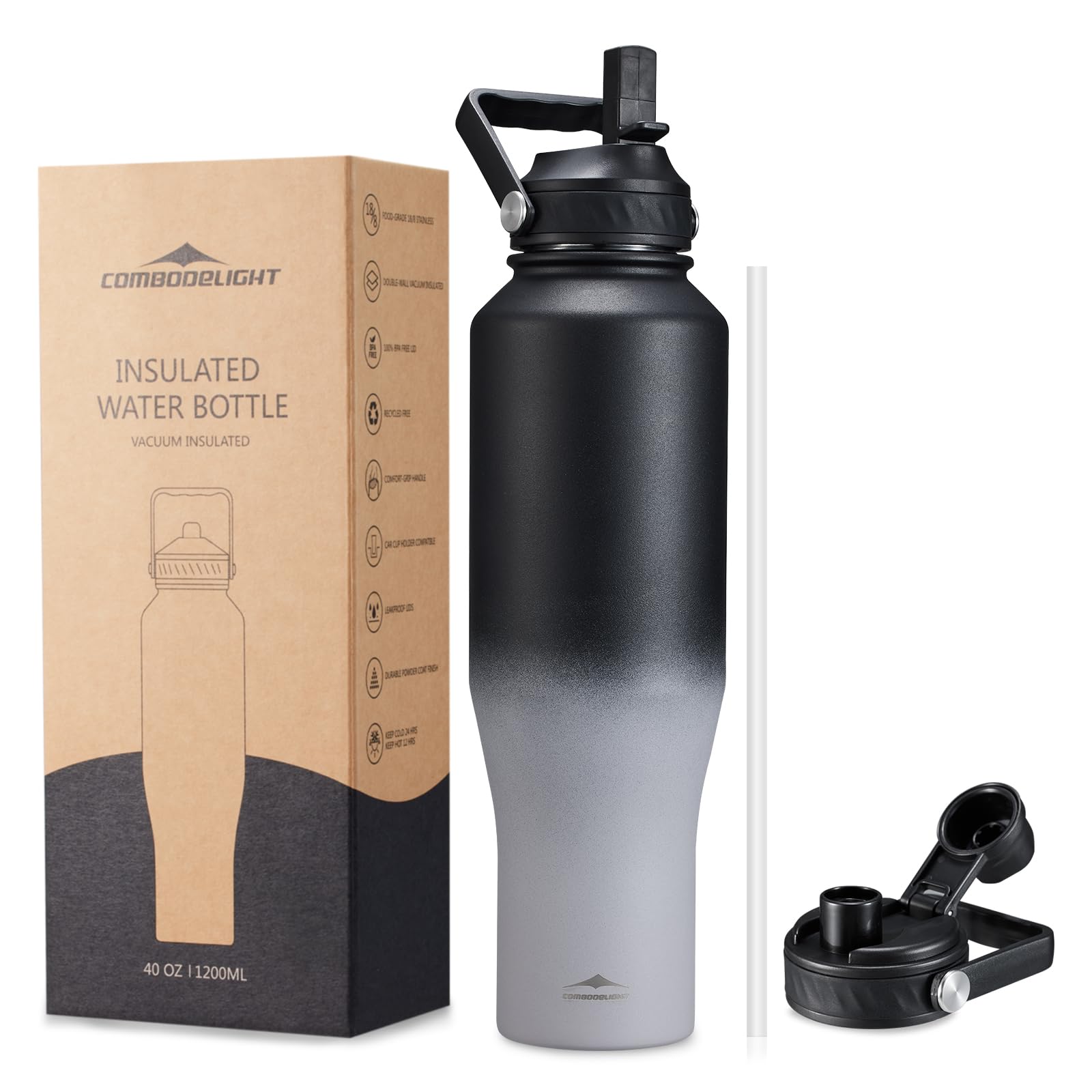 Water Bottle Insulated 40Oz Stainless Steel Tumbler With Straw/Spout Lids, Wide Mouth Double Wal