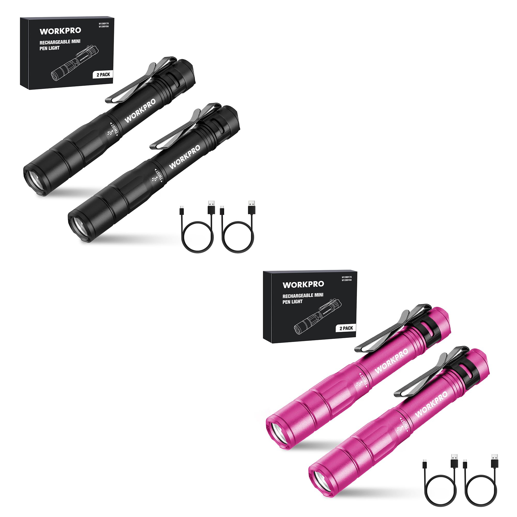 Workpro 2 Pack Rechargeable Pen Light Black & 2 Pack Rechargeable Pen Light Pink
