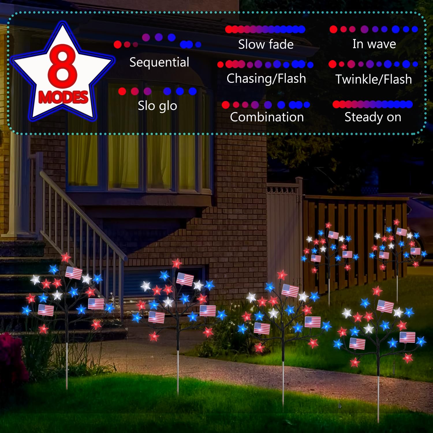 Hugsvik 4 Packs 80Led 4Th Of July Decorations Outdoor, Red White And Blue Solar Lights With Stars & American Flags, Outdoor Memorial Day Decorations Patriotic Lights For Yard Pathway Garden