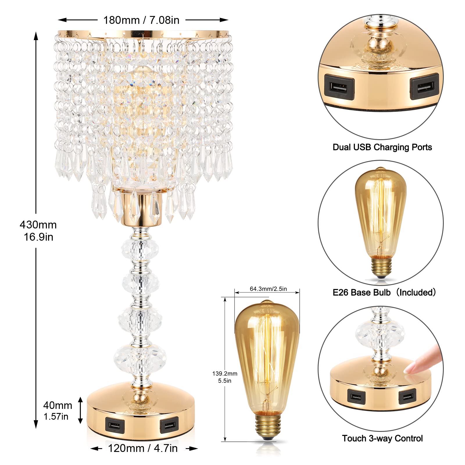 Acaxin Crystal Table Bedside Lamp Touch Control, 3-Way Dimmable Small Nightstand Lamp With 2 Usb Charging Ports, Decorative Gold Tabletop Lamp For Bedroom, Living Room And Guest Room
