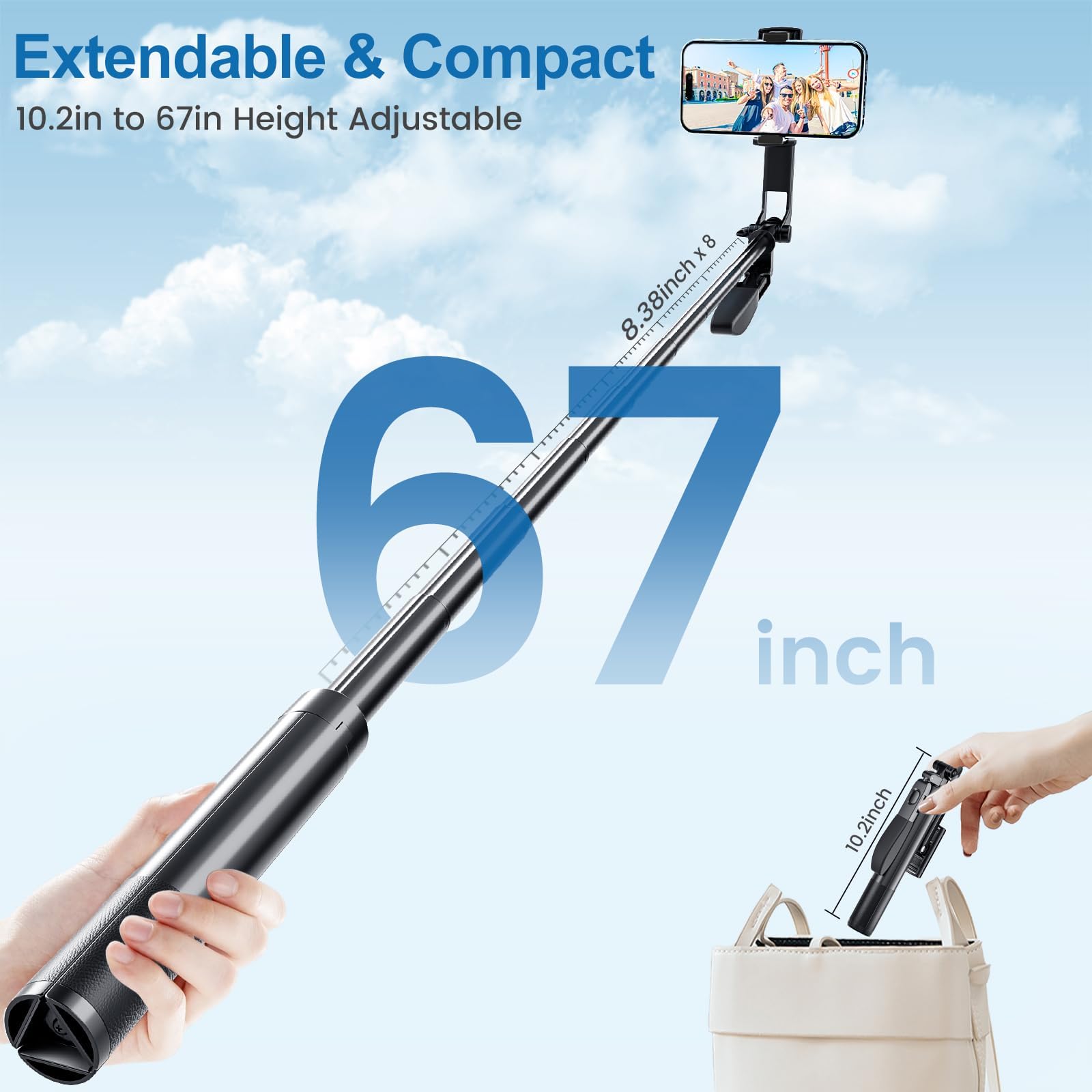 Marchpower 67'' Tripod For Cell Phone, Selfie Stick For Iphone Android With Remote And Light, Panoramic Photography Portable Travel Tripod For Video Recording/Live Streaming/Photography/Vlog