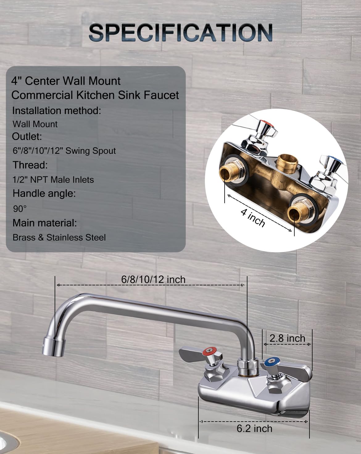 Phivan Commercial Kitchen Sink Faucet, 4 Inch Center, Wall Mount, 2 Hole, Brass, Polished Chrome, 12 Inch Swivel Spout, 360 Rotation, 1.8 Gpm, Modern Style, Silver