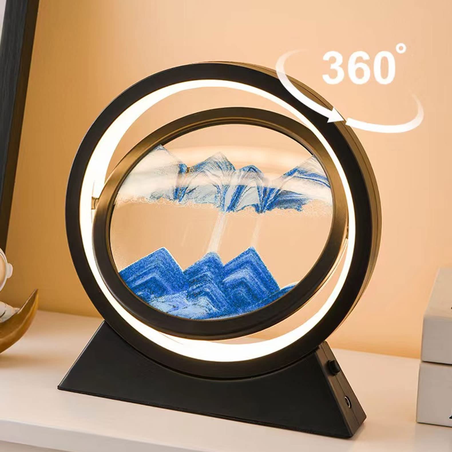 Gutsyluv 3D Mobile Sand Painting Table Lamp, Moving Sand Art Decor With Led Light, 360 Rotatable Quicksand Painting For Home Office Decor, Creative (Blue)