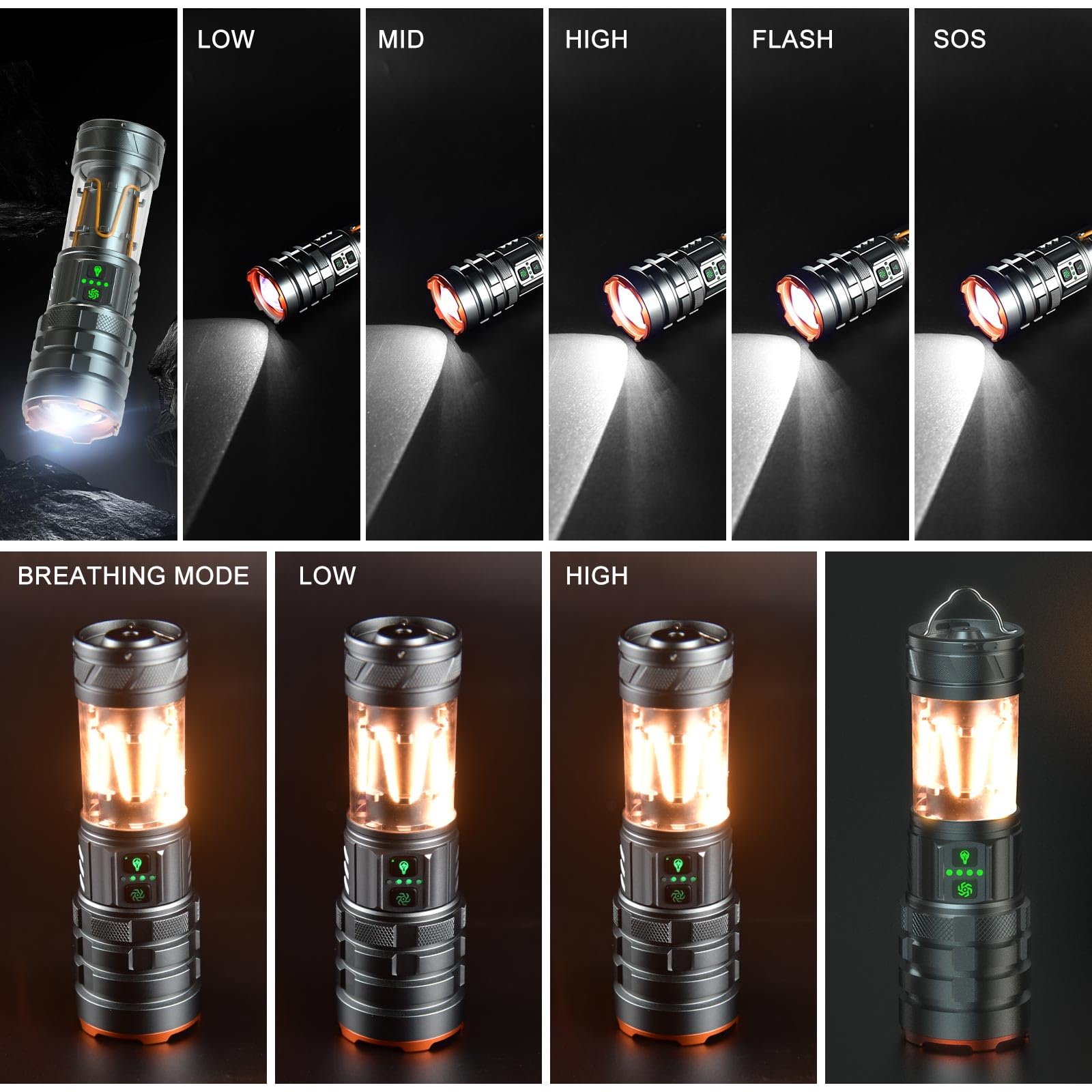 Iodoo 2 In 1 Rechargeable Flashlight 5000Mah All Aluminum Body Camping Lantern True 5000 Lumens Outdoor Camping Light , Zoomable Led Flash Light With Electric Lantern Failure Emergency Survival Kits