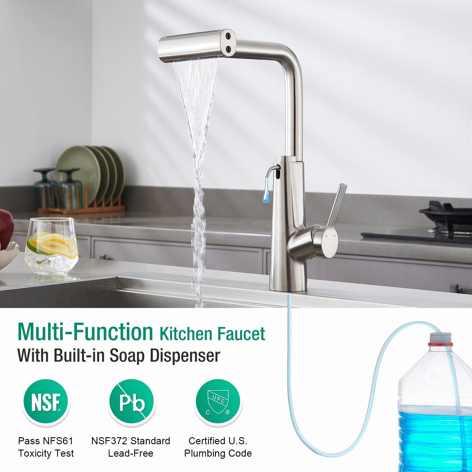 Crea Waterfall Kitchen Faucets With Soap Dispenser Built-In,4 Modes Bar Sink Faucet With Pull Down Sprayer,Single Handle 1 Hole Utility Faucet For Laundry Brushed Nickel Stainless Steel