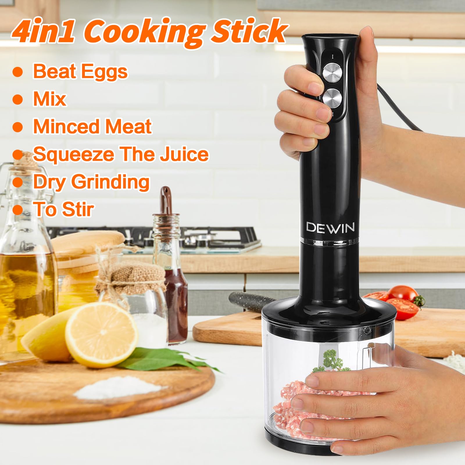 Dewin Immersion Blender, 500 Watt 4-In-1 Hand Blender With Chopper, Whisk, Mixing Beaker, Electric Stick Blender With Two Speed Adjustable, Ergonomic Handle