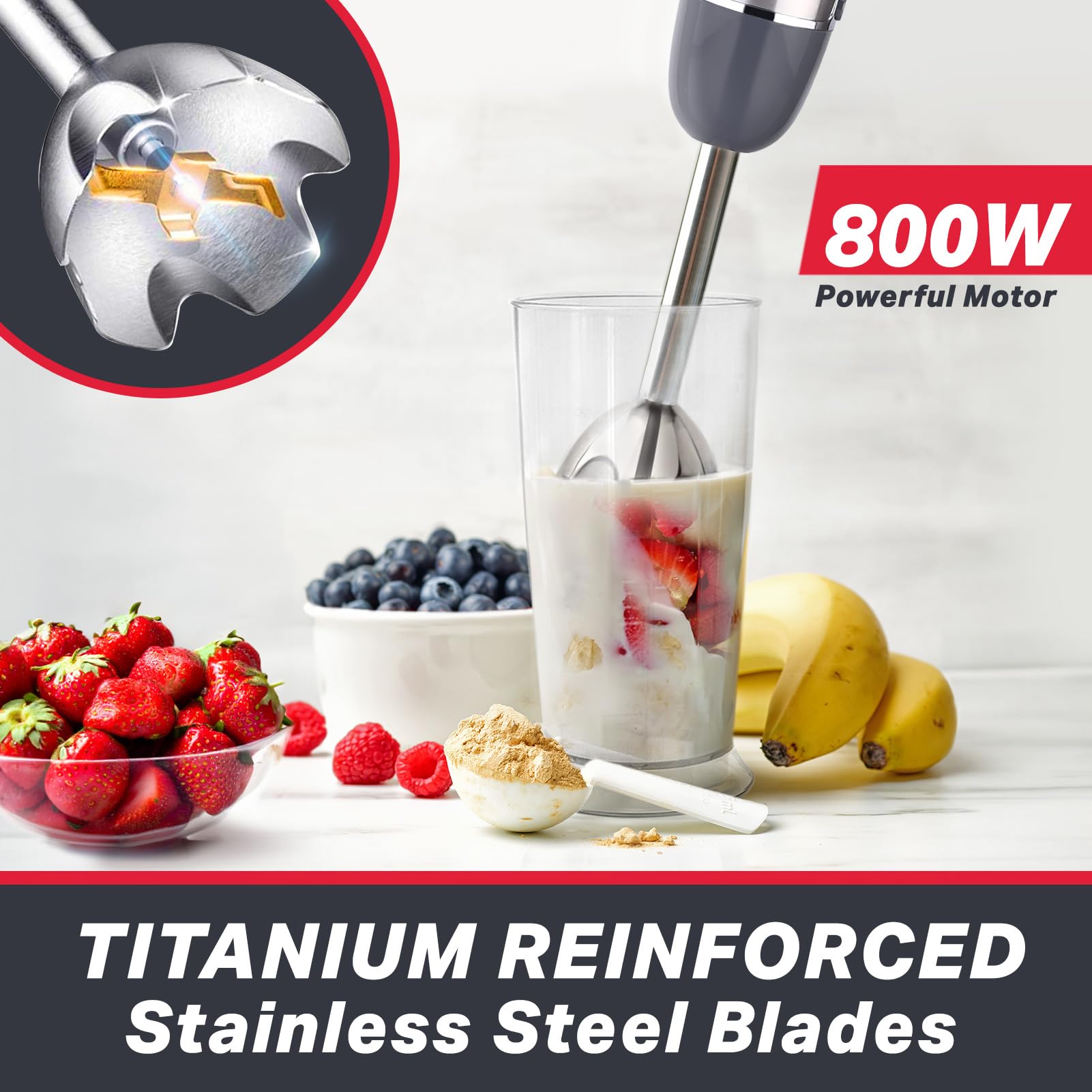 Mueller Multistick 800W 4-In-1 Immersion Blender Handheld, 12 Speed Hand Mixer Turbo Boost, Heaviest Duty Copper Motor, Titanium Blades Hand Blender, Milk Frother Wand, Whisk, Beaker, Chopper, Grey