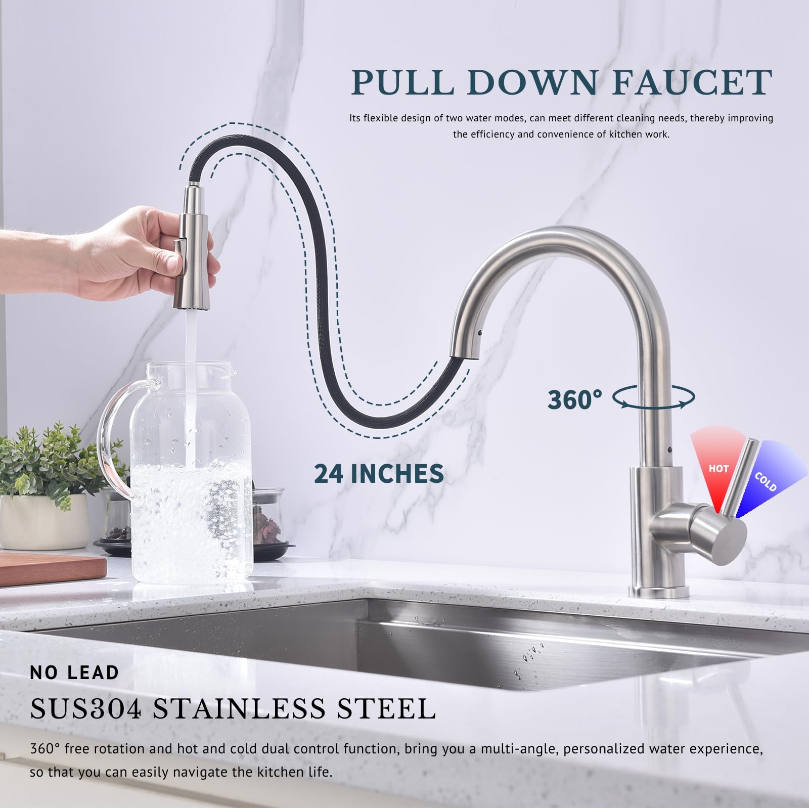 Sevengelok Kitchen Faucet With Pull Down Sprayer Sus304 Stainless Steel High Arc Brushed Nickel Pull Out Kitchen Sink Faucets Utility Laundry Farmhouse Camper Rv Modern For 1 Or 3 Hole Sink, Kf1-Bn