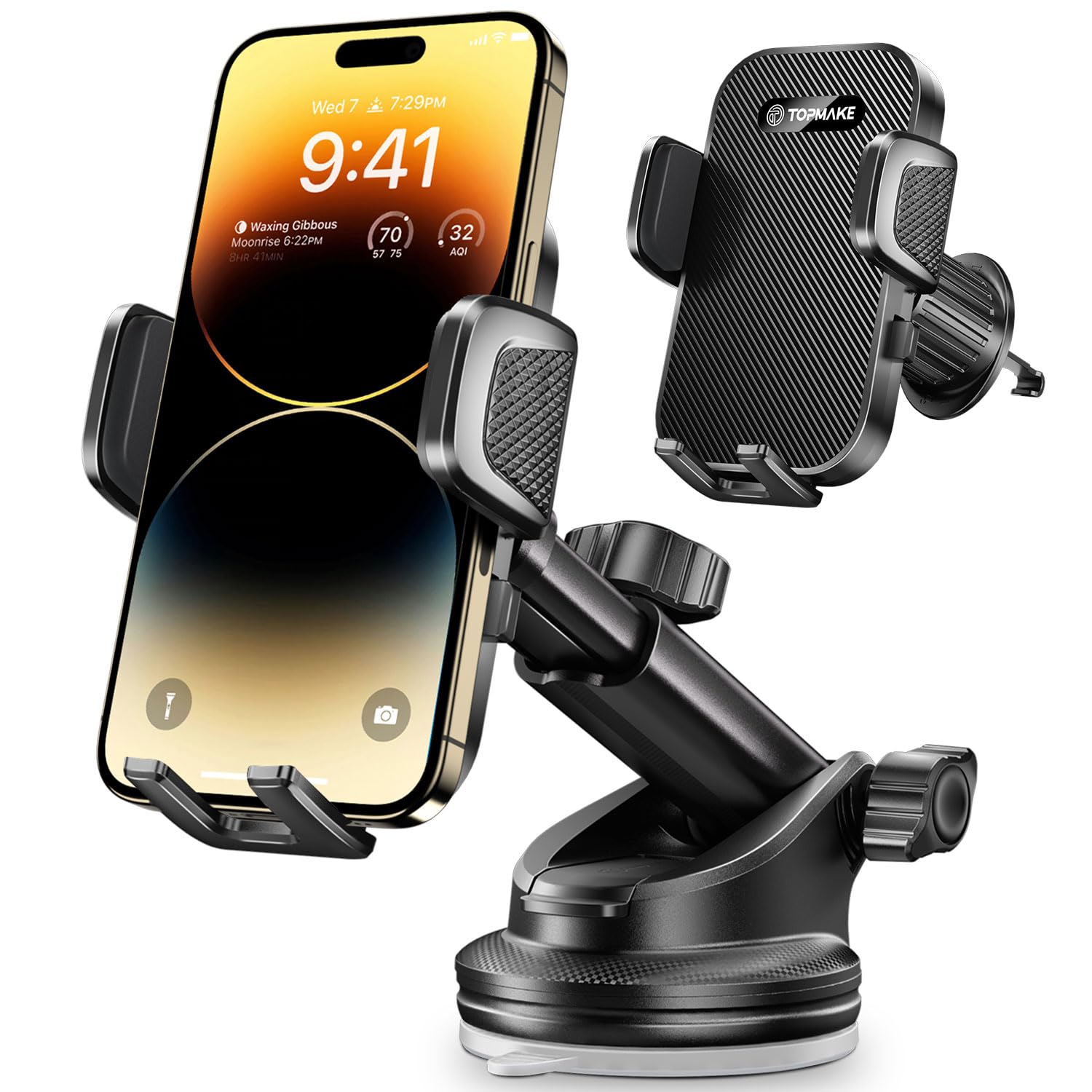 Topmake Car Phone Holder Mount,【 】 3-In-1 Cell Phone Holder For Car, Dashboard Windshield, Suction Cup Hands- Car Phone Stand, Automobile Cradles Universal,Black