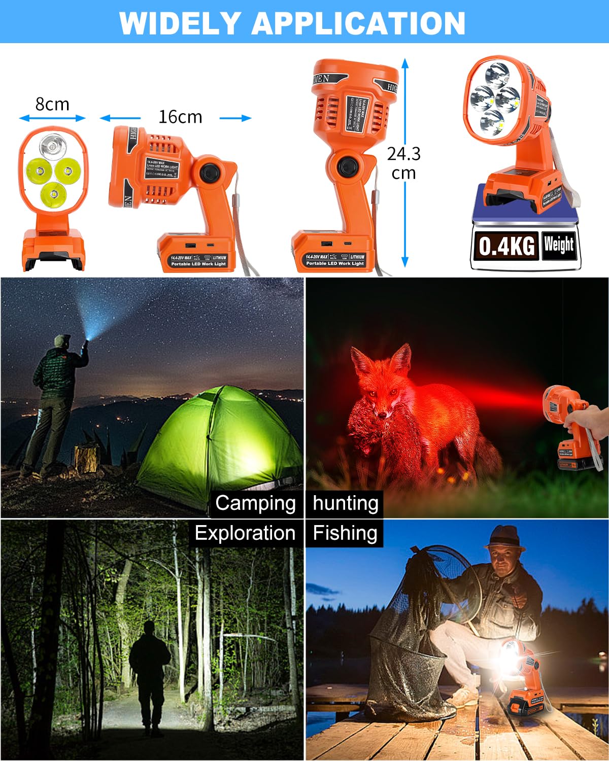 Adisipsoarin Cordless Led Flashlight For Black And Decker 20V Battery, 22W Led Work Light With Usb-A&Usb-C 2.1A Fast Charging Ports For Jobsite, Car Repairing, Camping, Emergency