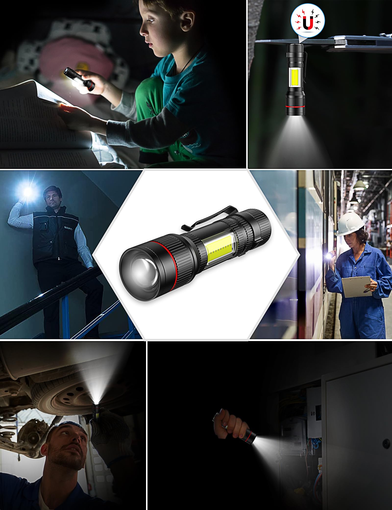Plusinto Led Flashlight 1500 Lumens 2 Packs, Usb Rechargeable Torch Super Bright, Magnet And Clip, Cob Work Light, 3 Modes, Adjustable Focus Handheld Flashlight For Home, Dog Walking, Emergency