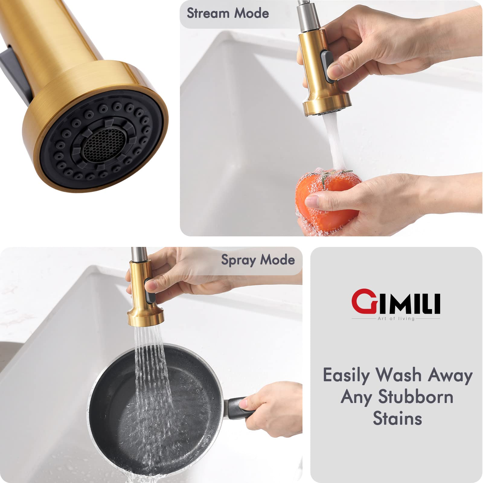 Gimili Brushed Gold Kitchen Faucet With Pull Down Sprayer Brass Single Handle Spring Kitchen Faucets, Rv Farmhouse Utility Bar Laundry Faucet For Kitchen Sink