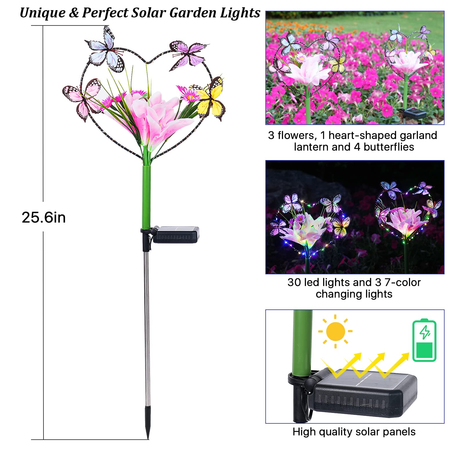 Aukora Solar Garden Lights Outdoor Waterproof, A Heart-Shaped Garland Design With Artificial Butterflies ＆ Flowers, 7 Color Changing Led Beads For Patio Yard Wedding Decor,  For Women (2-Pack)